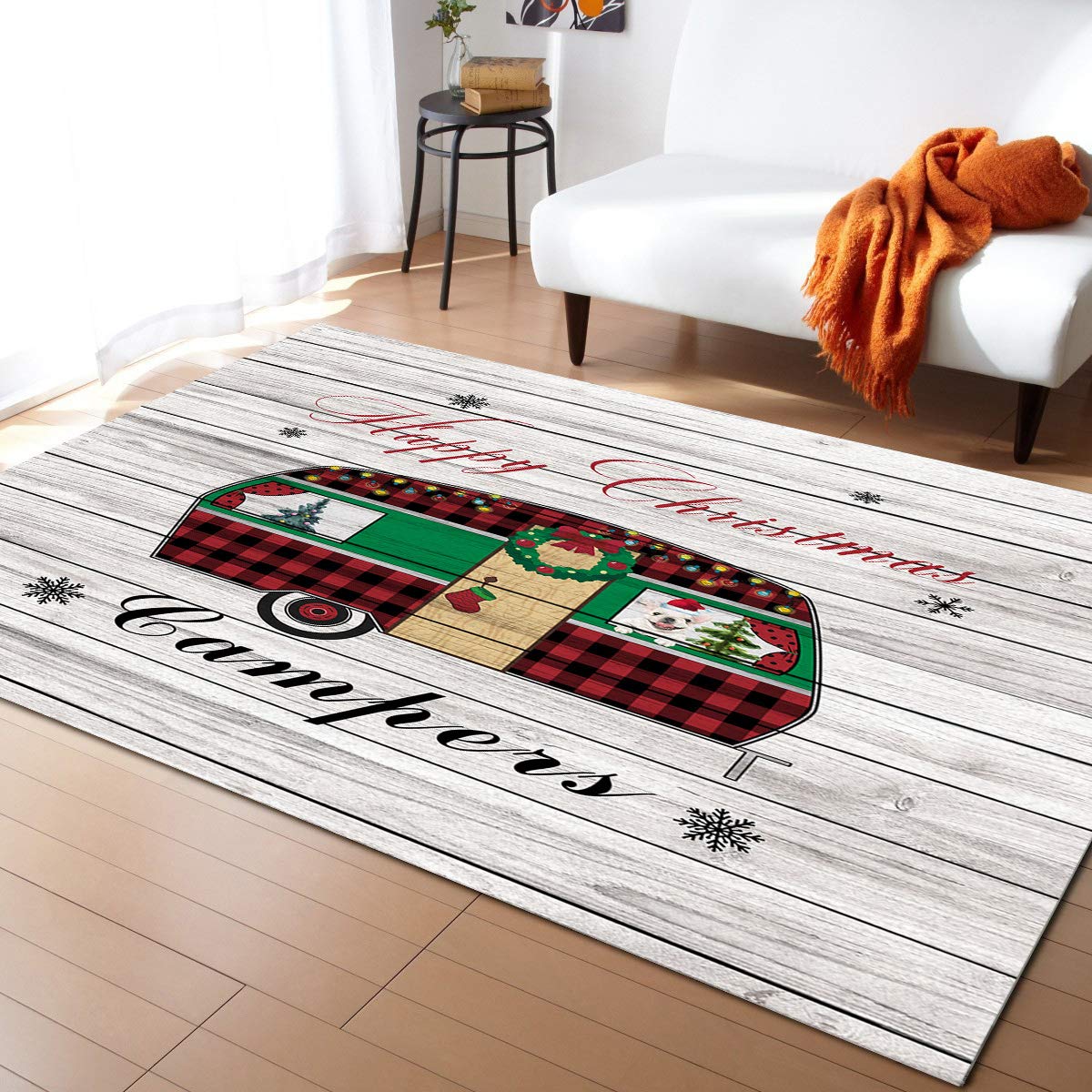 ARTSHOWING Christmas Rectangular Rug 5' x 8' - Non-Slip Holiday Area Rug for Living Room, Bedroom & Dining Room - Easy Clean Home Decor Carpet with Happy Campers Wooden Plank Design - Perfect for Festive Decorations, Family Gatherings & Cozy Winter Vibes