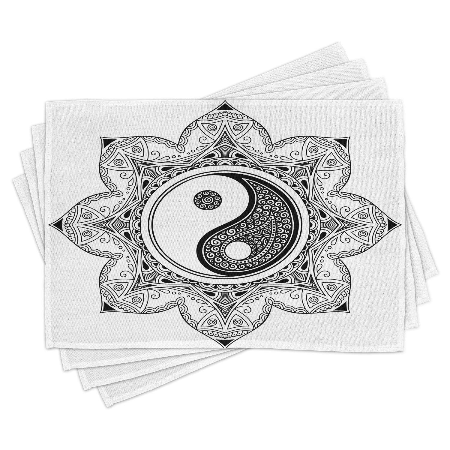Ambesonne Yin Yang Place Mats Set of 4 - Black & White Mandala Pattern Washable Fabric Placemats for Dining Table & Kitchen Decor | Perfect for Meditation Spaces, Yoga Studios & Harmonious Home Dining