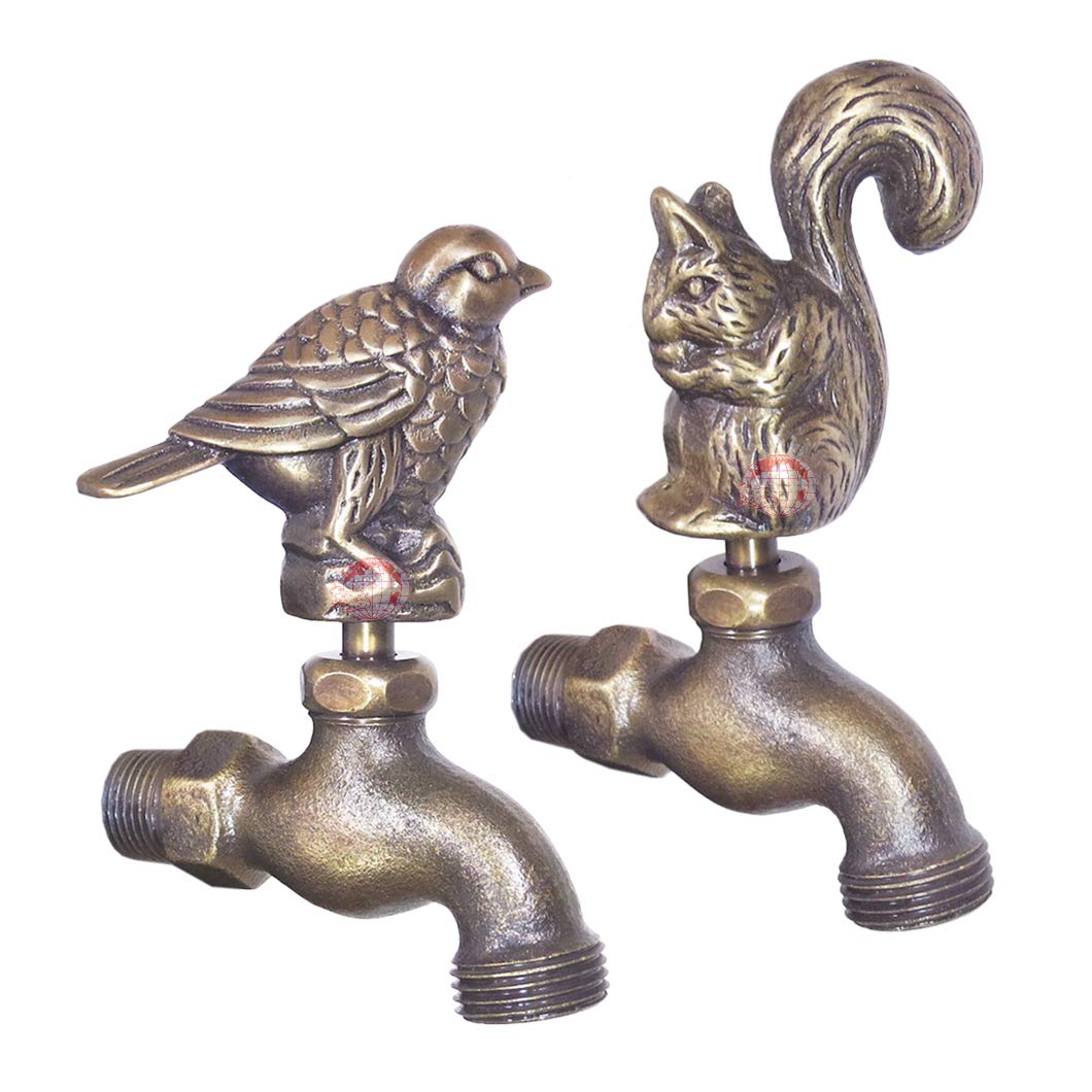 Decorative Solid Brass Outdoor Garden Faucet 4 Inch Set of 2 - Squirrel & Bird Animal Yard Water Tap, Spigot Bibcock for Patio, Lawn & Backyard Decor - Perfect Gift for Garden Lovers