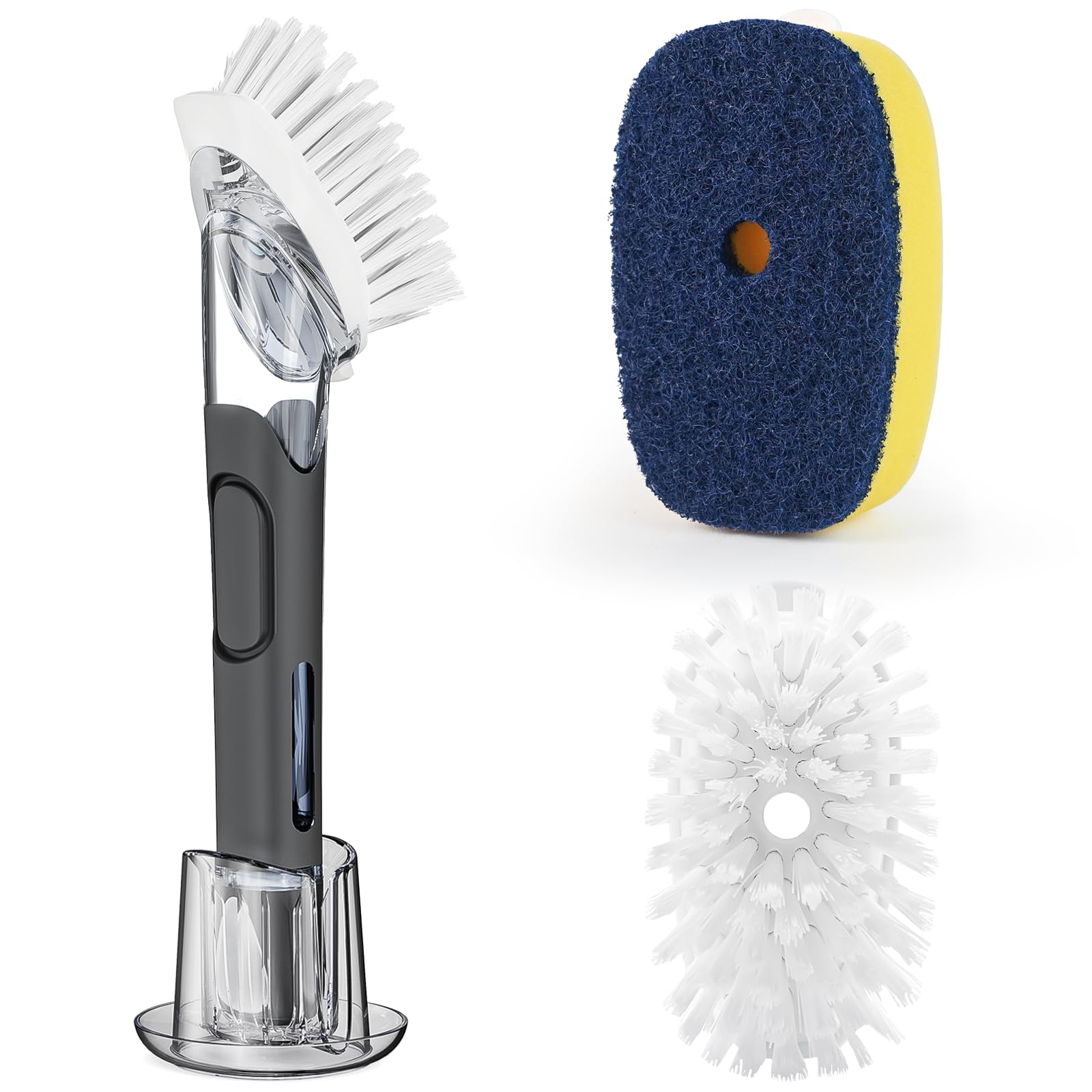 Premium Dish Brush with Soap Dispenser & Storage Set - 2 Replaceable Brush Heads & Holder - Ergonomic Handle for Utensils, Pans, Cookware - Ideal for Kitchen Sink Cleaning & Dishwashing Tasks