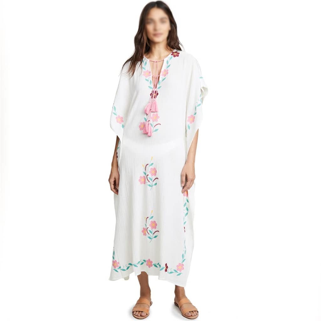 JHHDP Women's Summer V-Neck Fringe Embroidered Maxi Dress - Plus Size Beach Cover Up, Vacation Loose Dress for Pool, Resort & Tropical Getaways