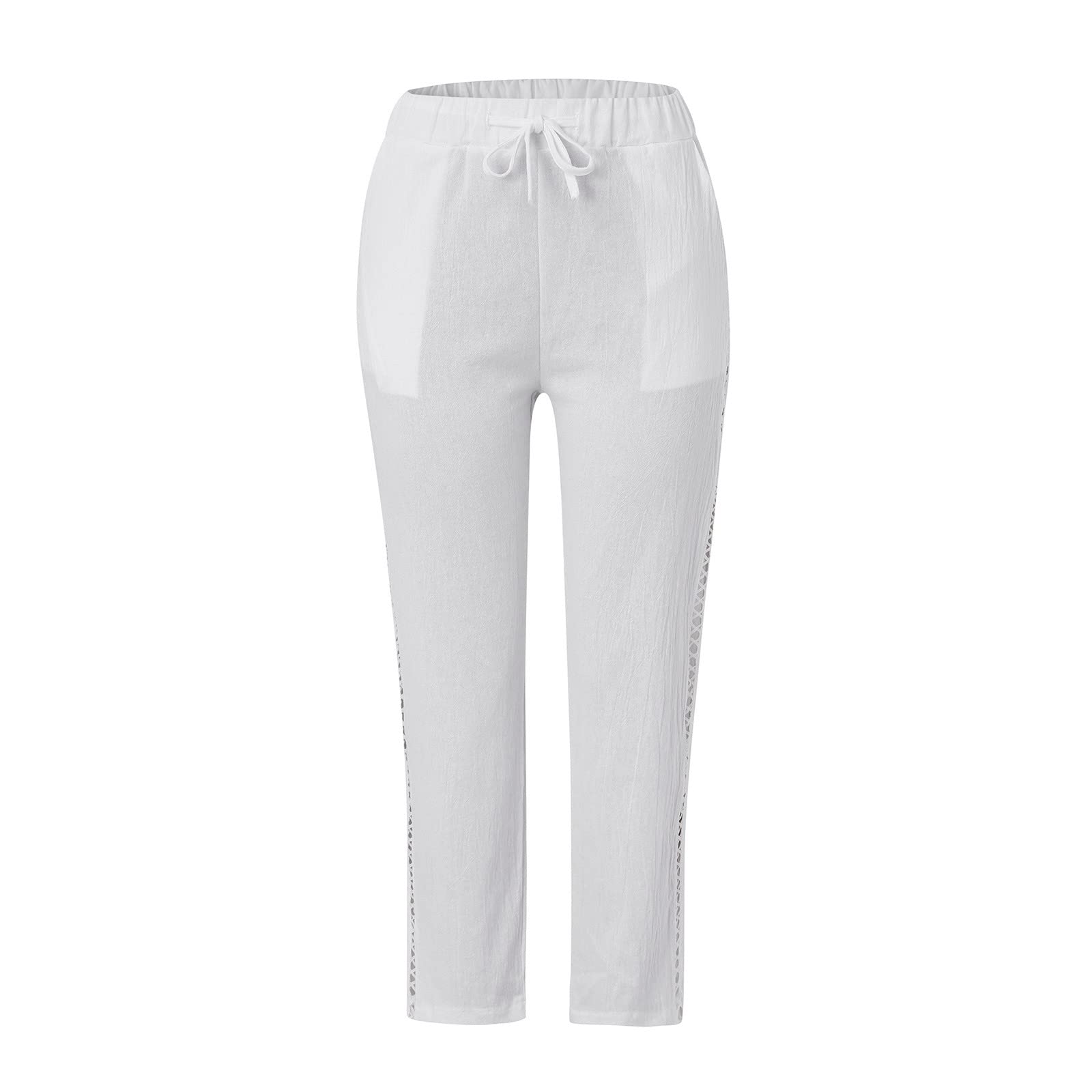 Women's High Waist Casual Pants with Drawstring - Side Cutout Wide Leg Cropped Capri Pants for Summer, Travel & Lounge Wear