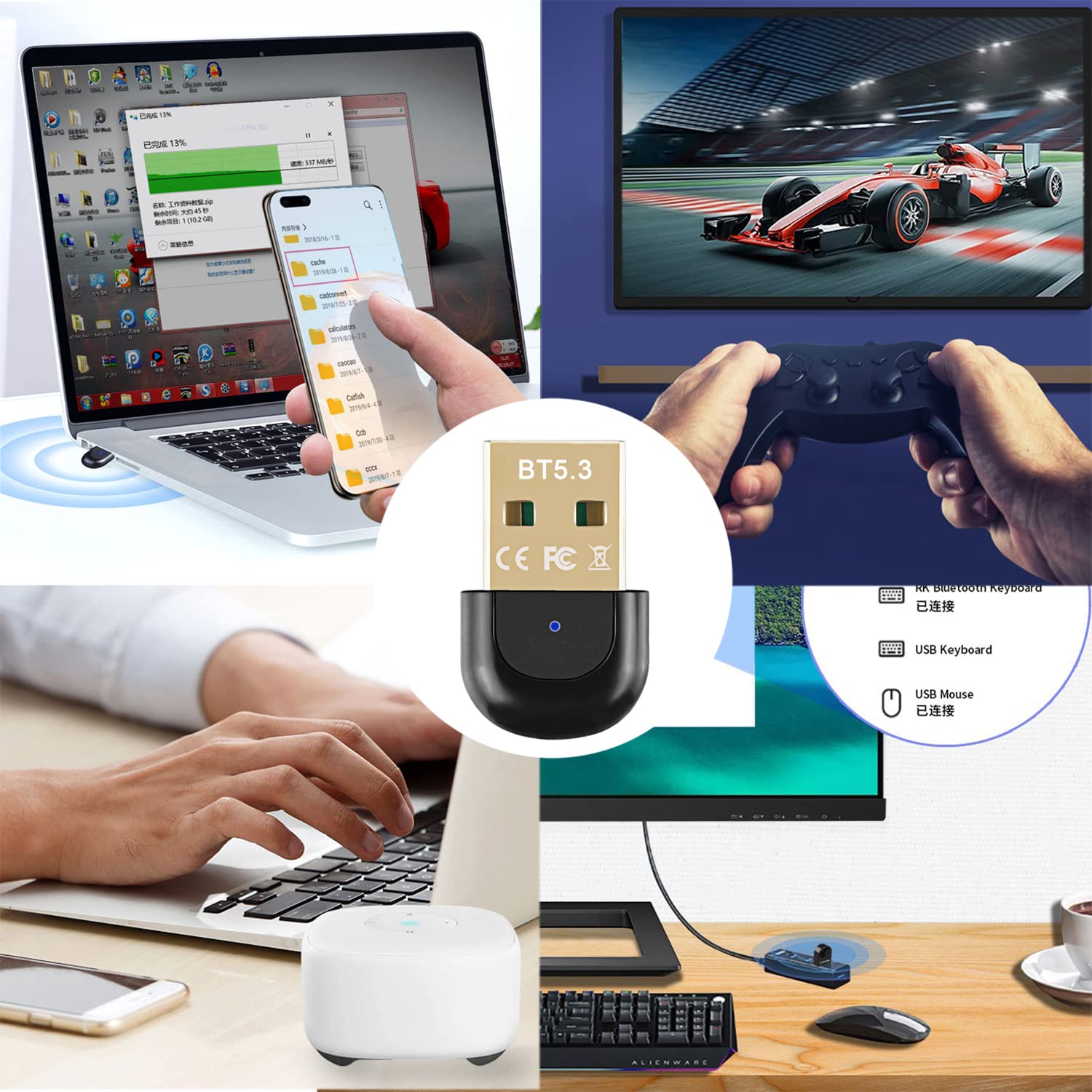 Vgggrd Bluetooth 5.3 USB Adapter for PC - Wireless Dongle Compatible with Windows 11/10/8.1, Headphones, Mouse, Keyboard, Game Controller & Printers - Plug & Play for Laptop, Desktop, Smartphone & Tablet - Perfect for Home Office, Gaming & Wireless Connectivity