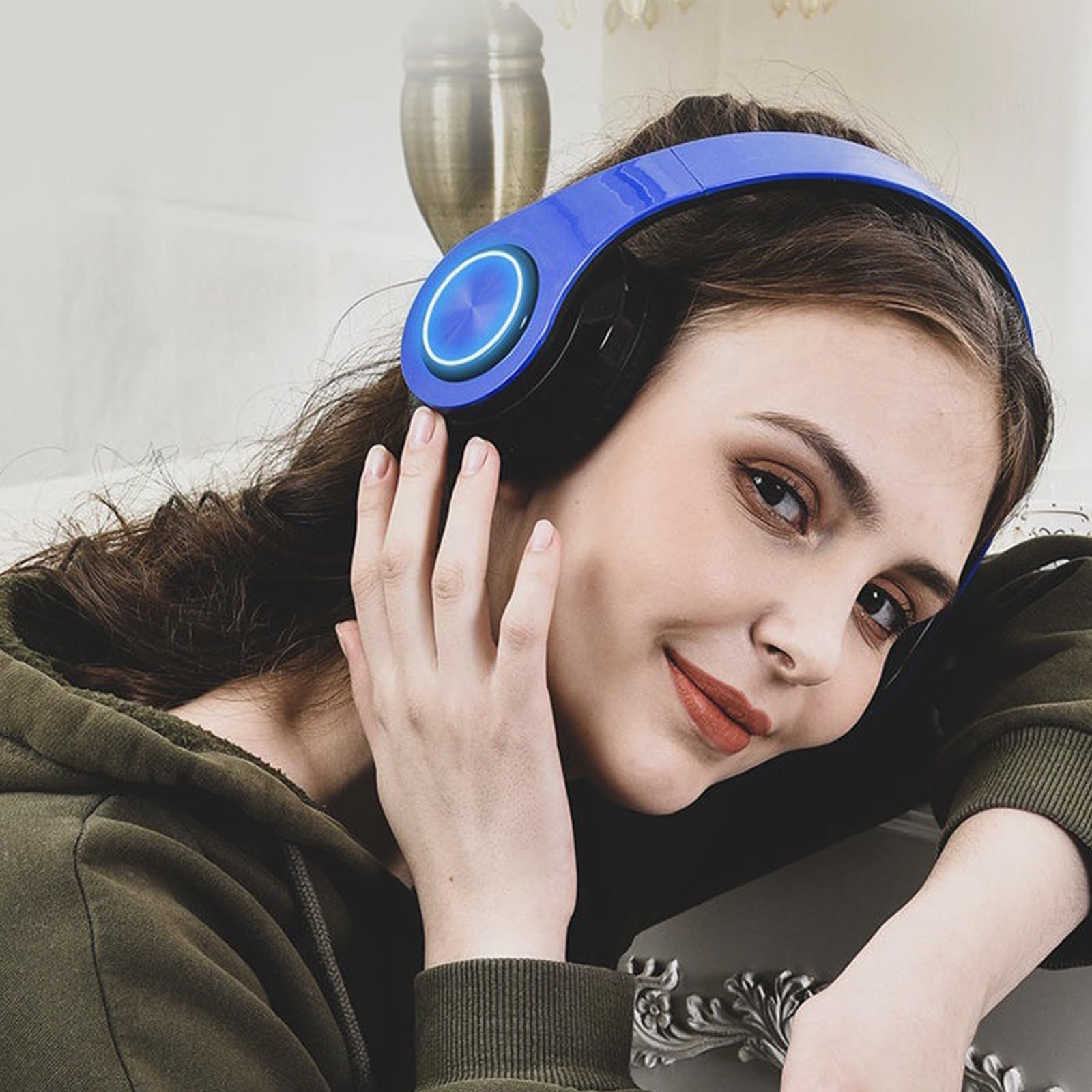 Kids Bluetooth Headphones with Colorful LED Lights - Wireless Over-Ear Headphones with Built-in Mic, Foldable Lightweight HiFi Stereo Sound for School, Gaming, Travel & Home Use - Perfect Gift for Boys & Girls (Blue)