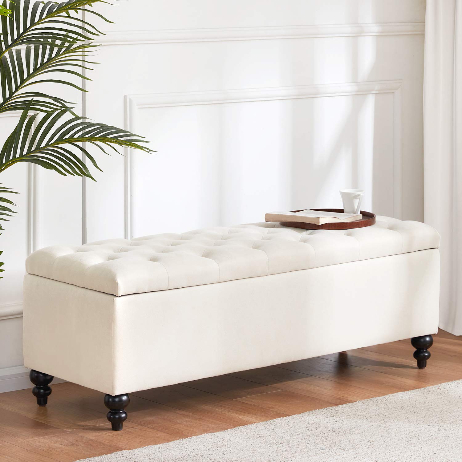 HUIMO Button-Tufted Storage Ottoman Bench - Upholstered Fabric, Large Capacity (Holds 300lbs), Safety Hinge Design for Bedroom, Living Room & Entryway - Perfect for Extra Seating & Hidden Storage (Ivory)