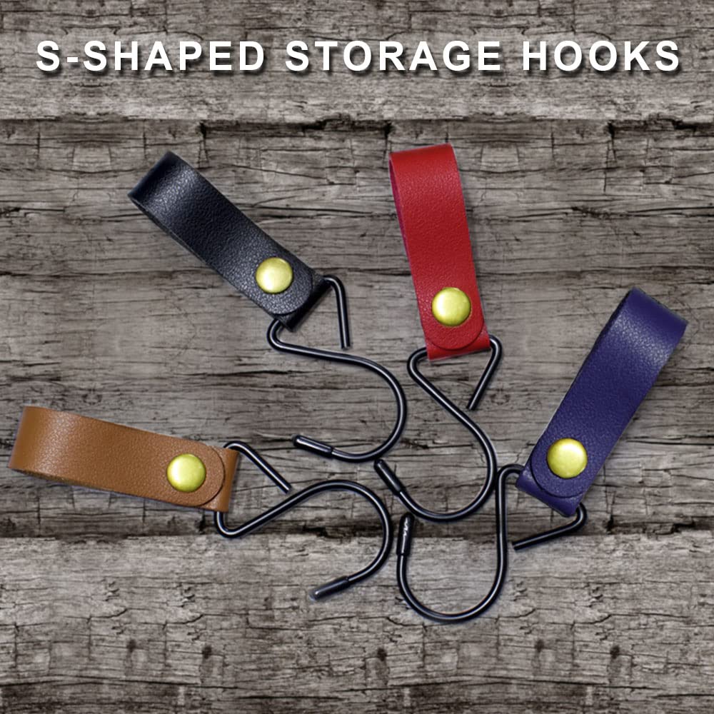 Black Metal S-Hooks 8pcs - Leather Hanging Hooks for Camping, Kitchen & Bathroom
