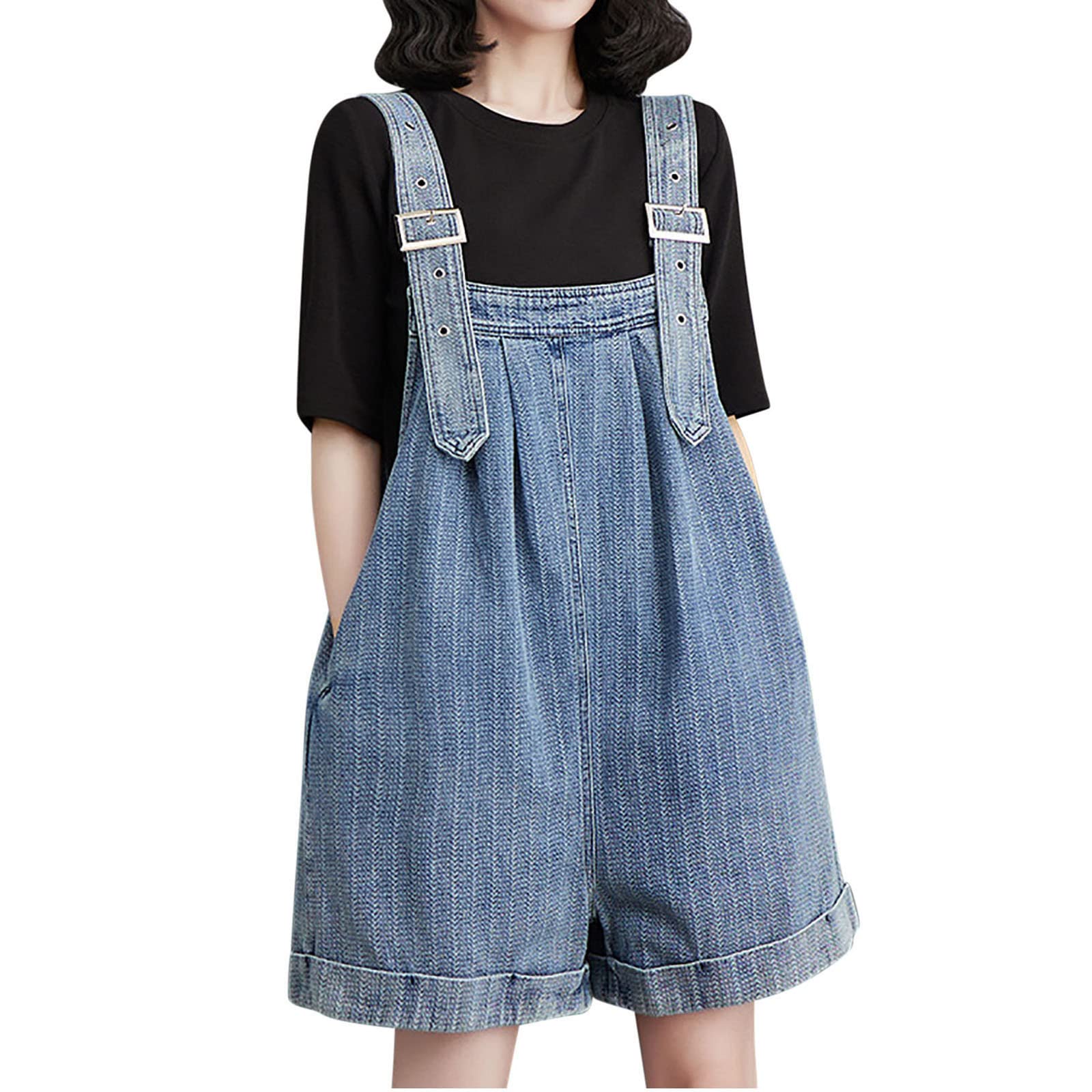 Women's Denim Jumpsuit with Double Pockets - Loose Fit Shortsleeve Romper, Casual Wide Leg Overalls for Summer, Boho Fashion, Beach & Travel Outfit