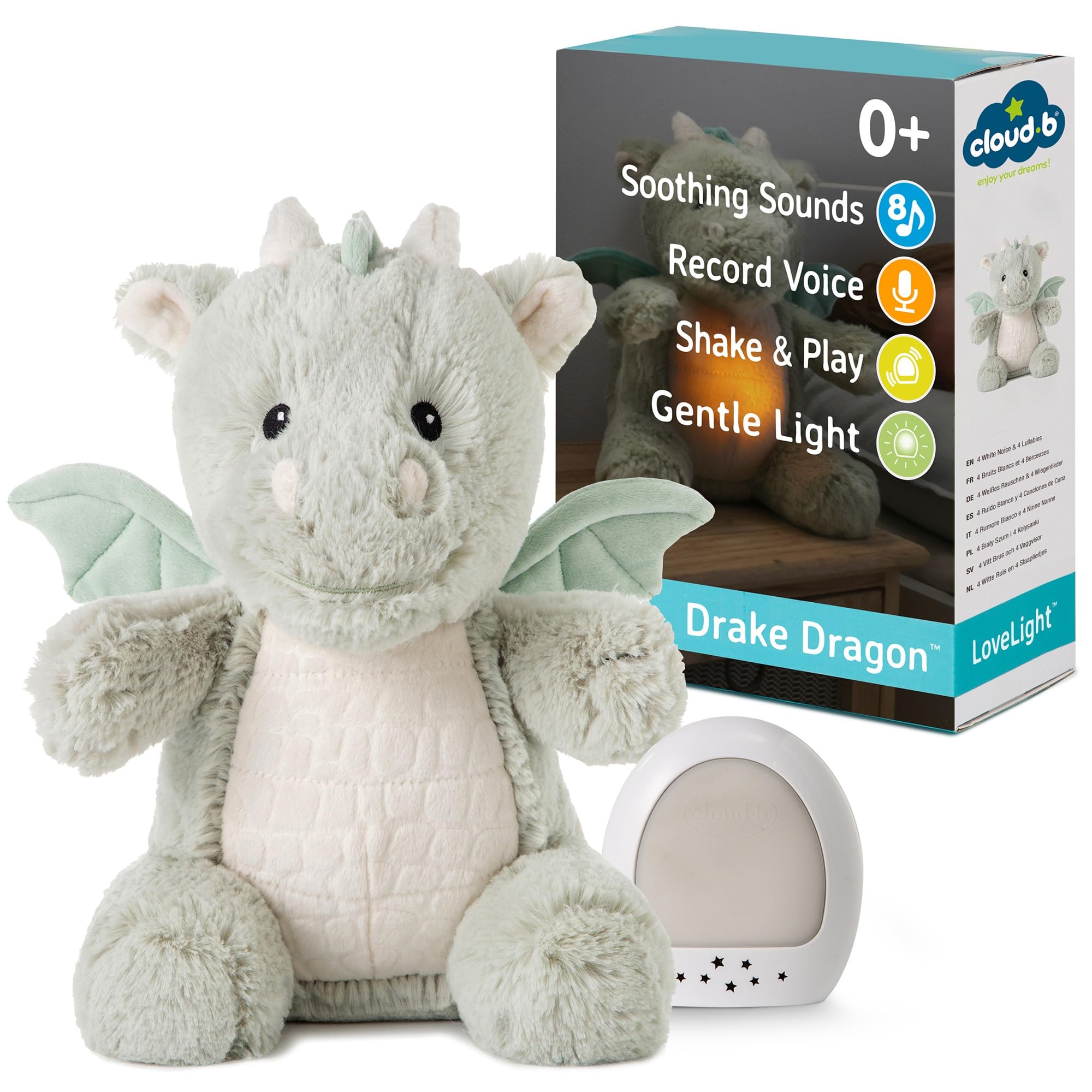 Cloud b Sound Machine with White Noise Soothing Sounds | Cuddly Stuffed Animal & Nightlight | Record Parent Voice | Adjustable Settings & Auto-Off | LoveLight™ Buddies - Drake The Dragon™ | Perfect for Baby Nursery, Travel & Bedtime Comfort