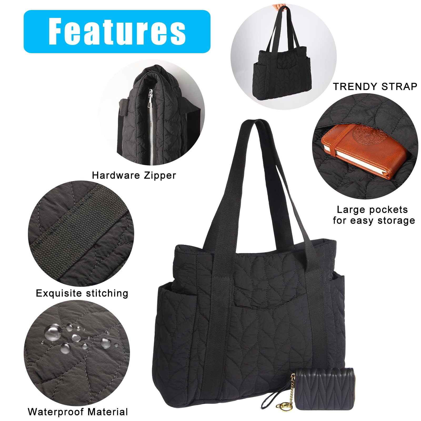 Quilted Work Tote Bag for Women - Lightweight 21L Large Puffer Travel Tote Purse with Zipper - Perfect for Gym, Office, Commuting & Weekend Getaways