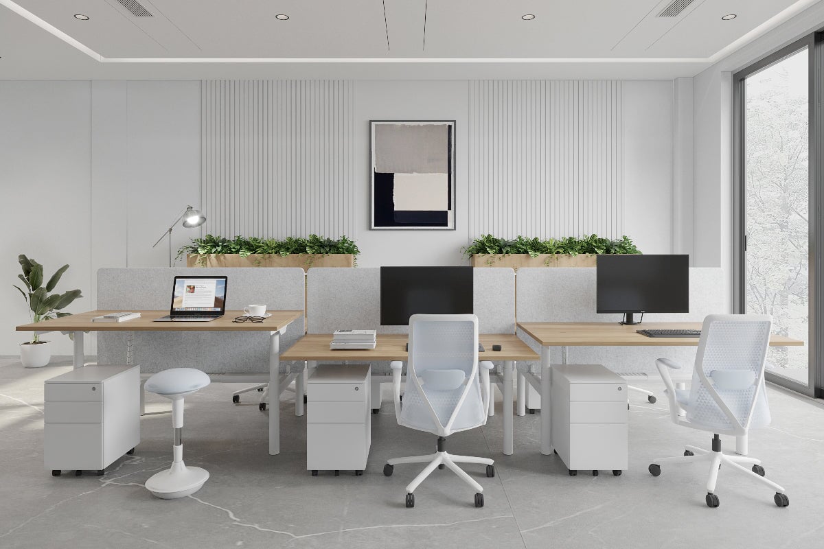 Flexi Premium Height Adjustable 6-Person H-Shaped Office Workbench - White Frame [1800mm x 700mm] for Collaborative Workspaces & Team Projects