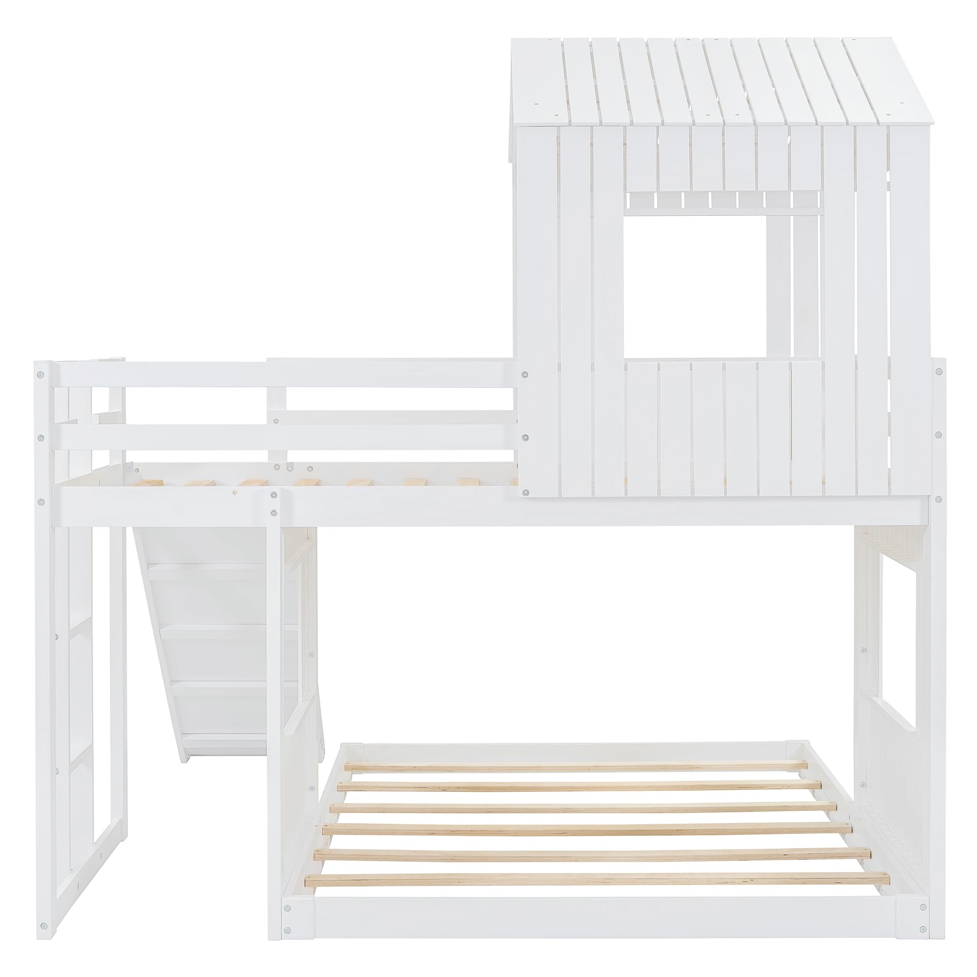 Merax Twin Over Full Bunk Bed with Slide - Sturdy Wooden Frame, Safety Rails, White - Perfect for Kids' Bedroom, Guest Room & Space-Saving Solutions