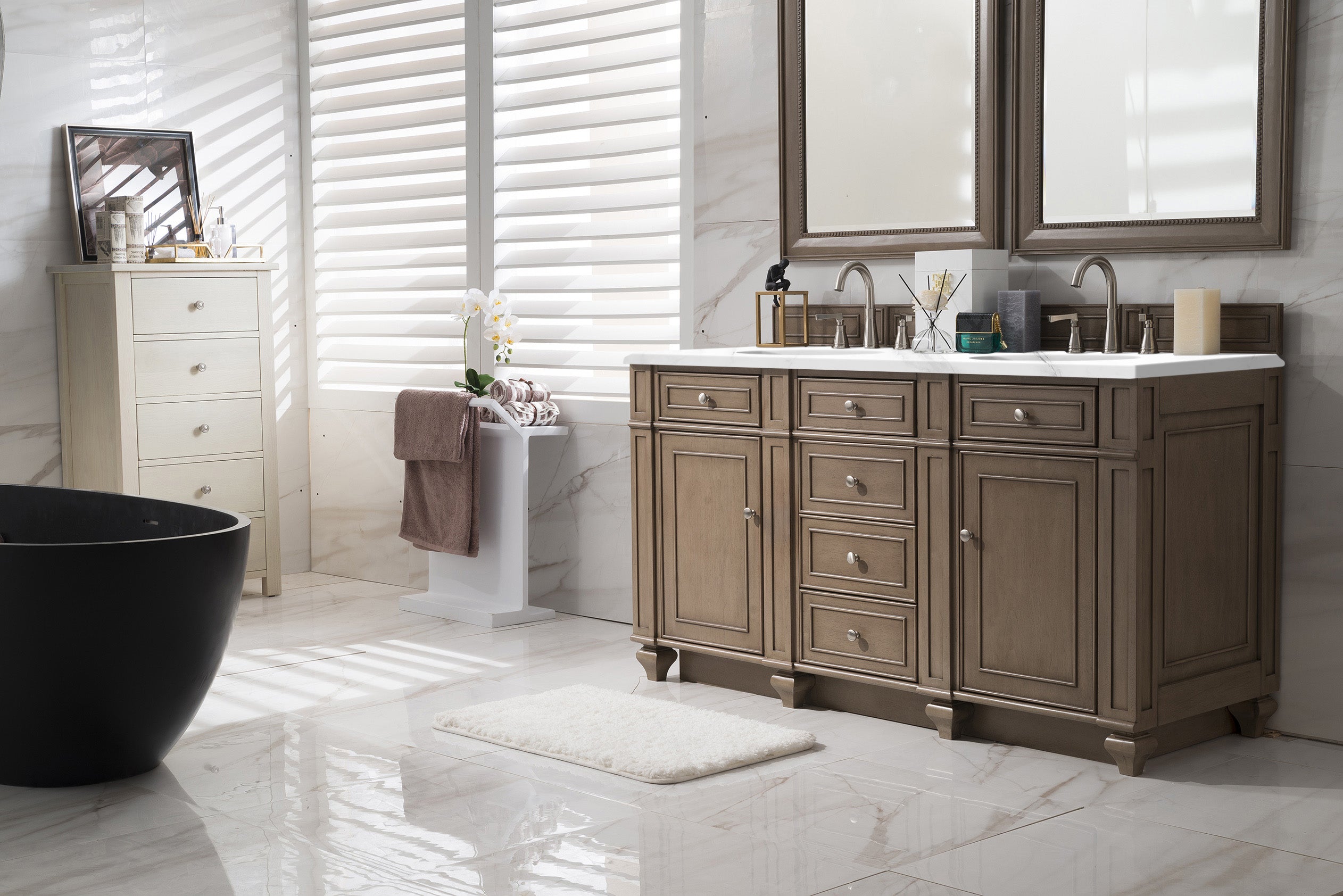 Bristol 60-Inch Double Bathroom Vanity in Whitewashed Walnut with 3CM Carrara Marble Top - Perfect for Master Bathroom Renovation and Modern Home Decor