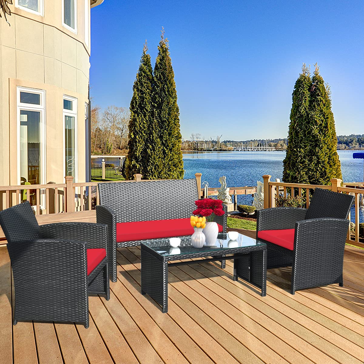 KOTEK 4-Piece Outdoor Patio Furniture Set - Rattan Wicker Sofa and Glass Table Conversation Set with Cushions for Garden, Lawn, Backyard - Perfect for Relaxing, Entertaining and Outdoor Dining (Red)