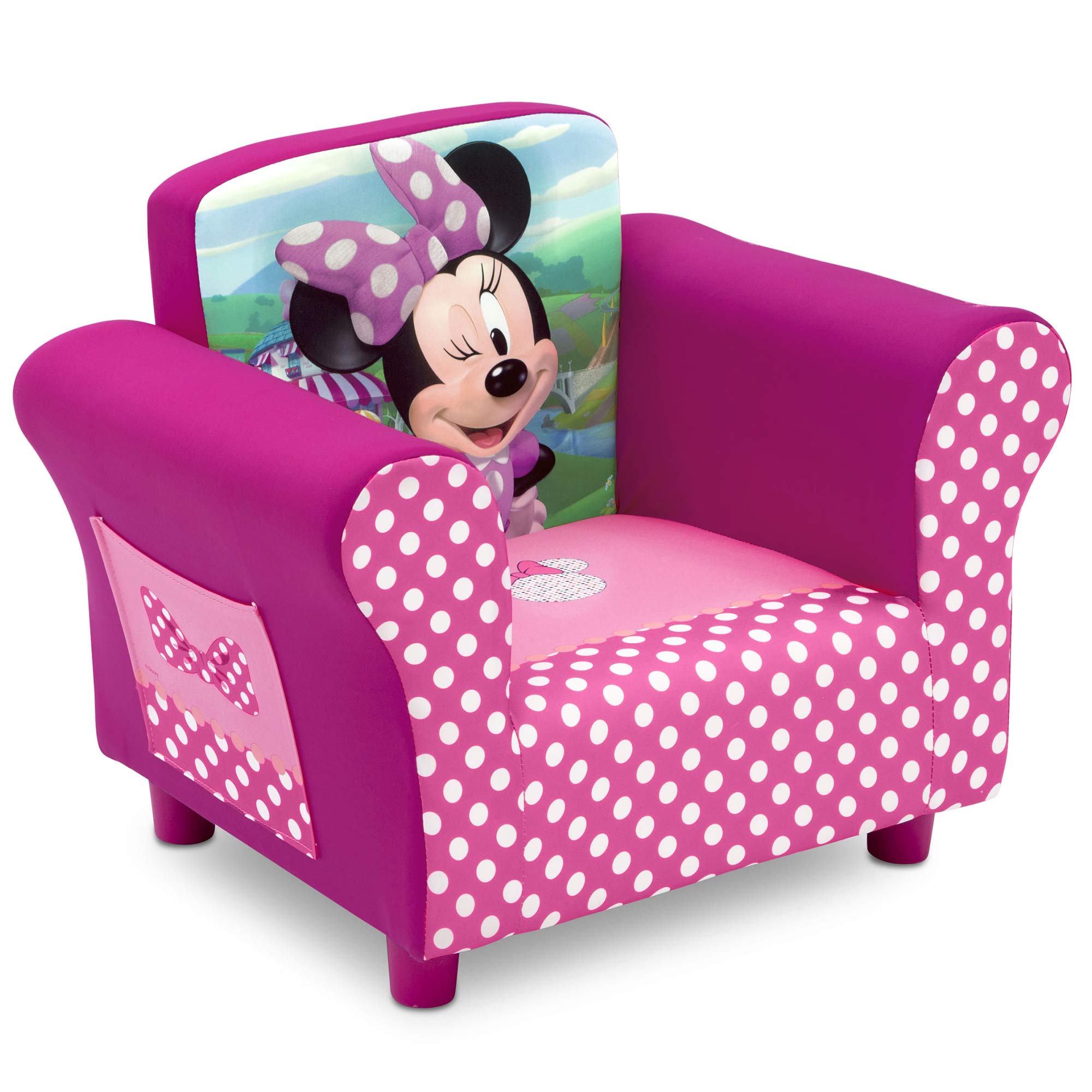 Disney Minnie Mouse Kids Upholstered Chair with 6-Bin Toy Storage Organizer Set - Soft Pink Plush Chair & Toy Box for Girls' Bedroom, Playroom, or Nursery - Delta Children UP83517MN Collection