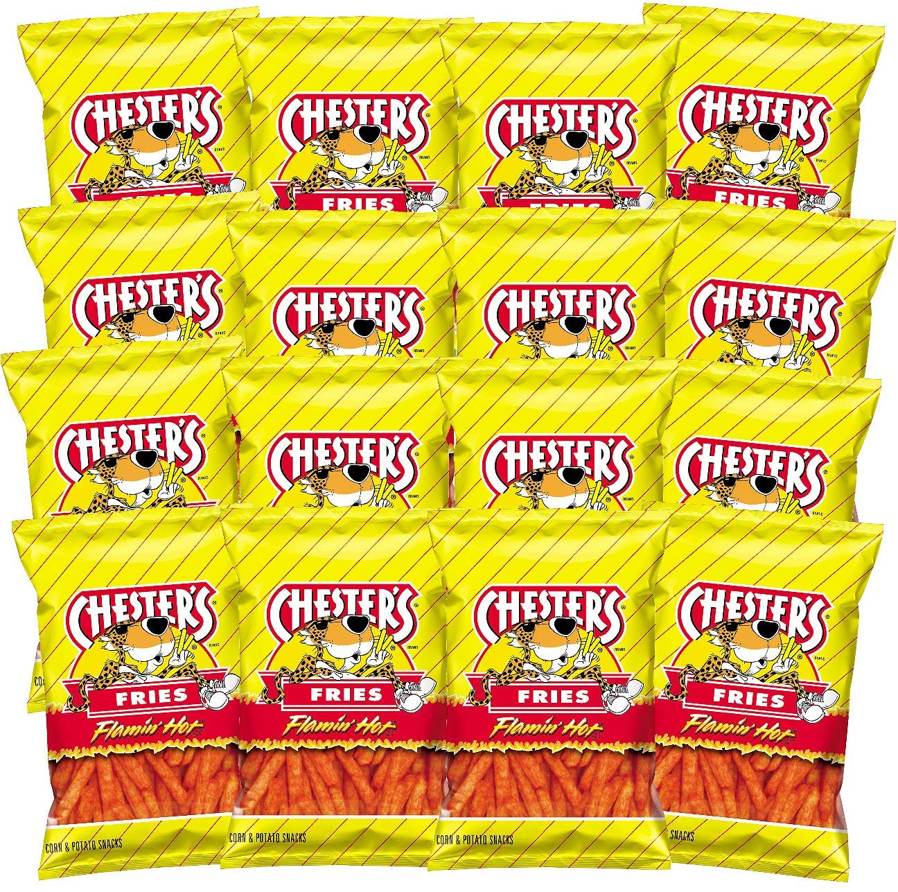 Chester's Flamin' Hot Fries - 16 Pack of Gluten Free Healthy Potato Chips - Spicy Snacks for Adults & Kids - Perfect for Lunchboxes, Parties & Movie Nights - 1.75oz Individual Bags