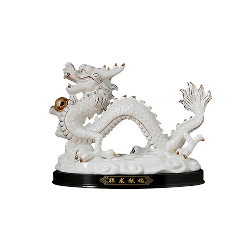 Feng Shui Dragon Statue - Chinese Zodiac Animal Decor for Home, Office & Gifts | White Ceramic Dragon Sculpture for Wealth & Good Luck | Housewarming, New Year, Birthday Present | Asian Home Decor & Spiritual Decorations