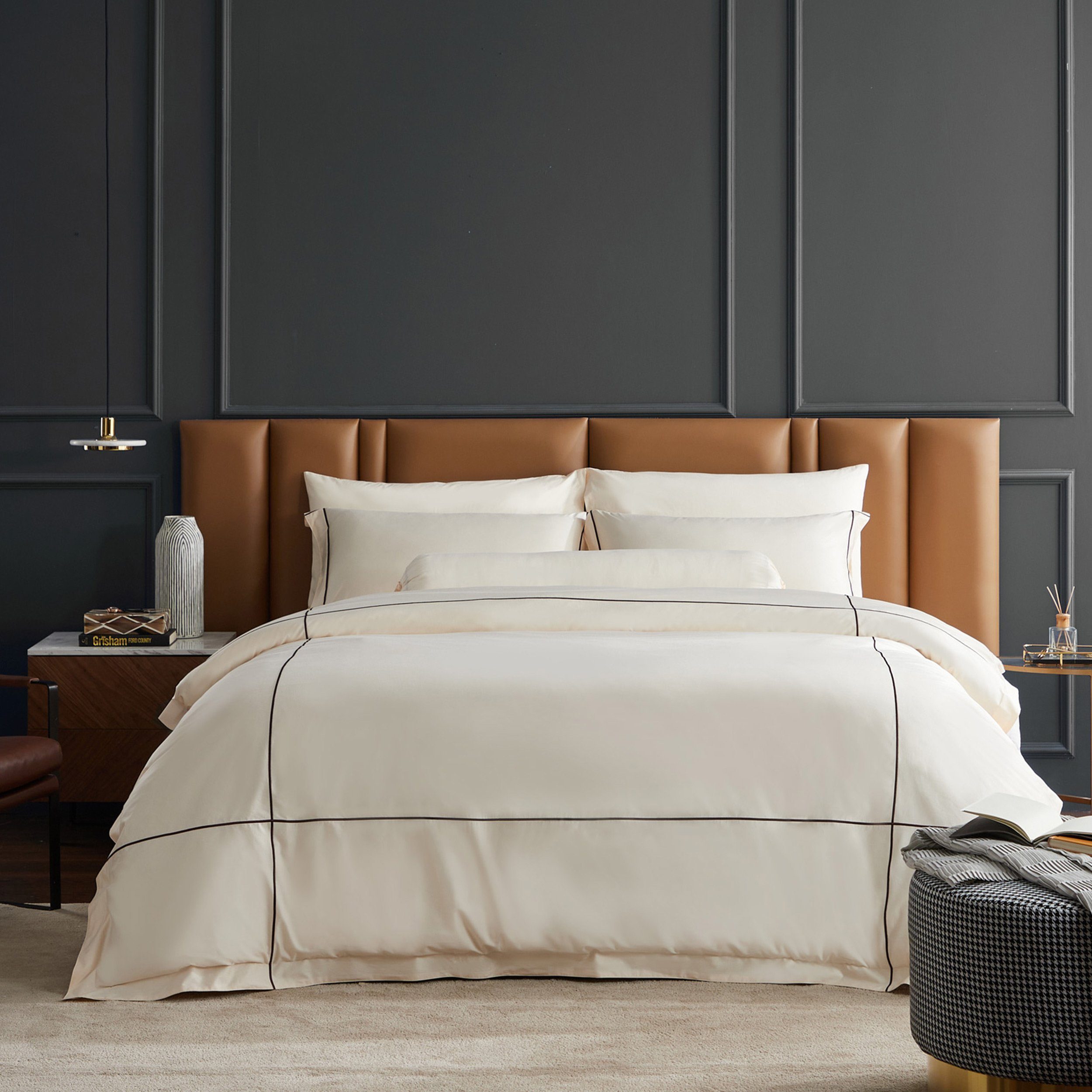 Premium Hotelier Prestigio™ Freya 300-Thread Count Egyptian Cotton Fitted Sheet Set with Umber Cross Border - Luxury Bedding for Hotels, Airbnb & Upscale Home Decor