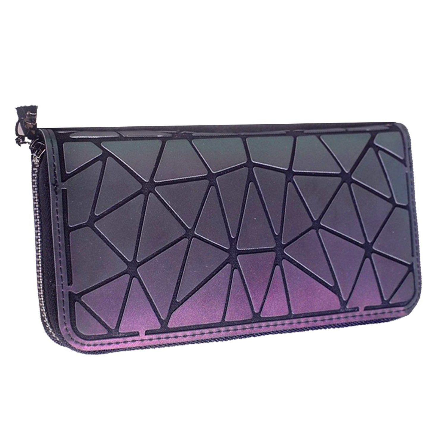 Women's Geometric Lattice Luminous Long Purse - Holographic Reflective Clutch Wallet with Zipper & Coin Pocket (Glow in Dark) - Perfect for Night Out, Parties, Concerts & Evening Events