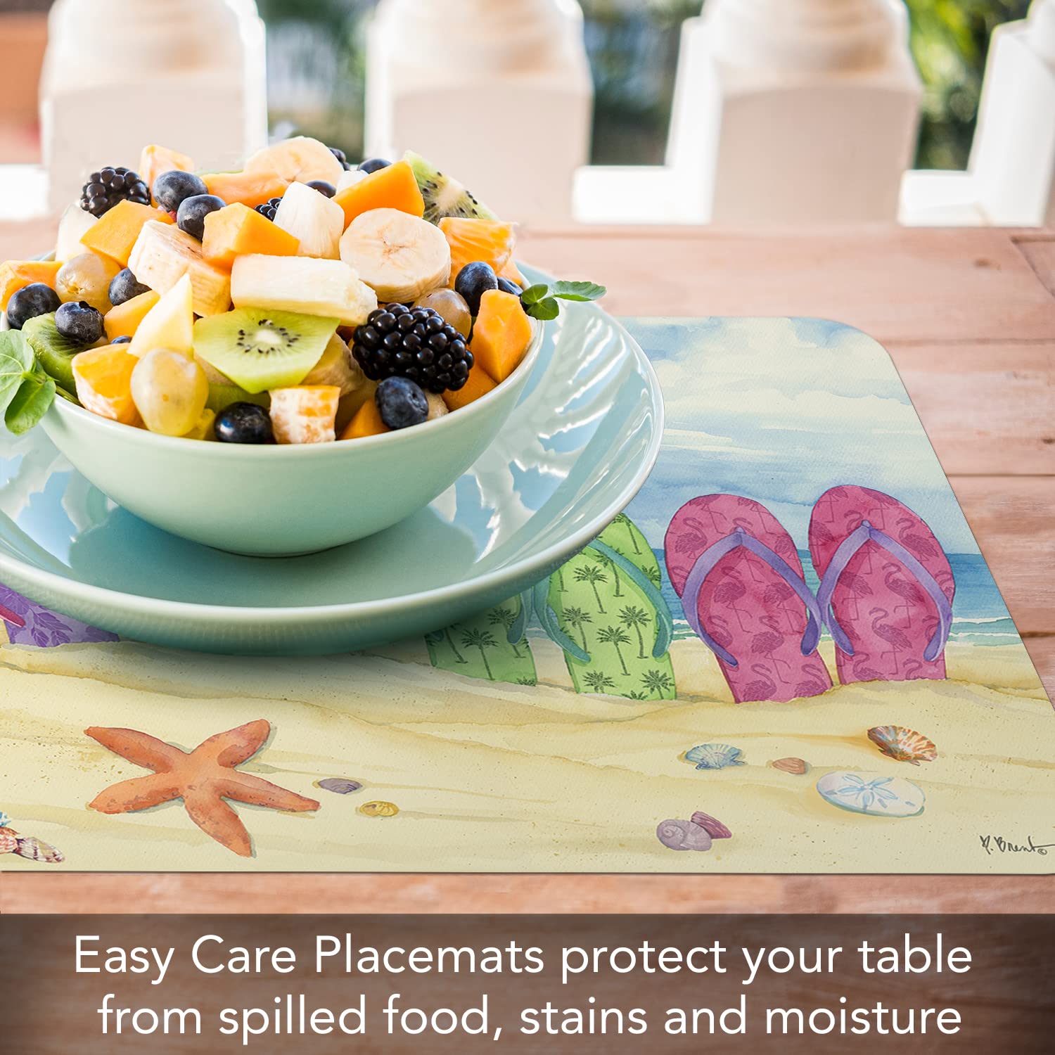 CounterArt Toes in The Sand 4 Pack Reversible Plastic Placemats - Durable, Easy-Clean & Flexible for Dining Table, Kitchen, Picnic & Outdoor Use