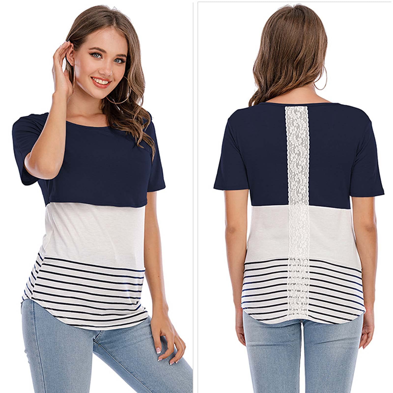 LIUguoo Women's Maternity Shirts - Short Sleeve Nursing Tops with Stripe Patchwork Design, Breathable Summer Breastfeeding Blouses & Flowy Tunic Tops for Pregnancy, Nursing, and Casual Outings