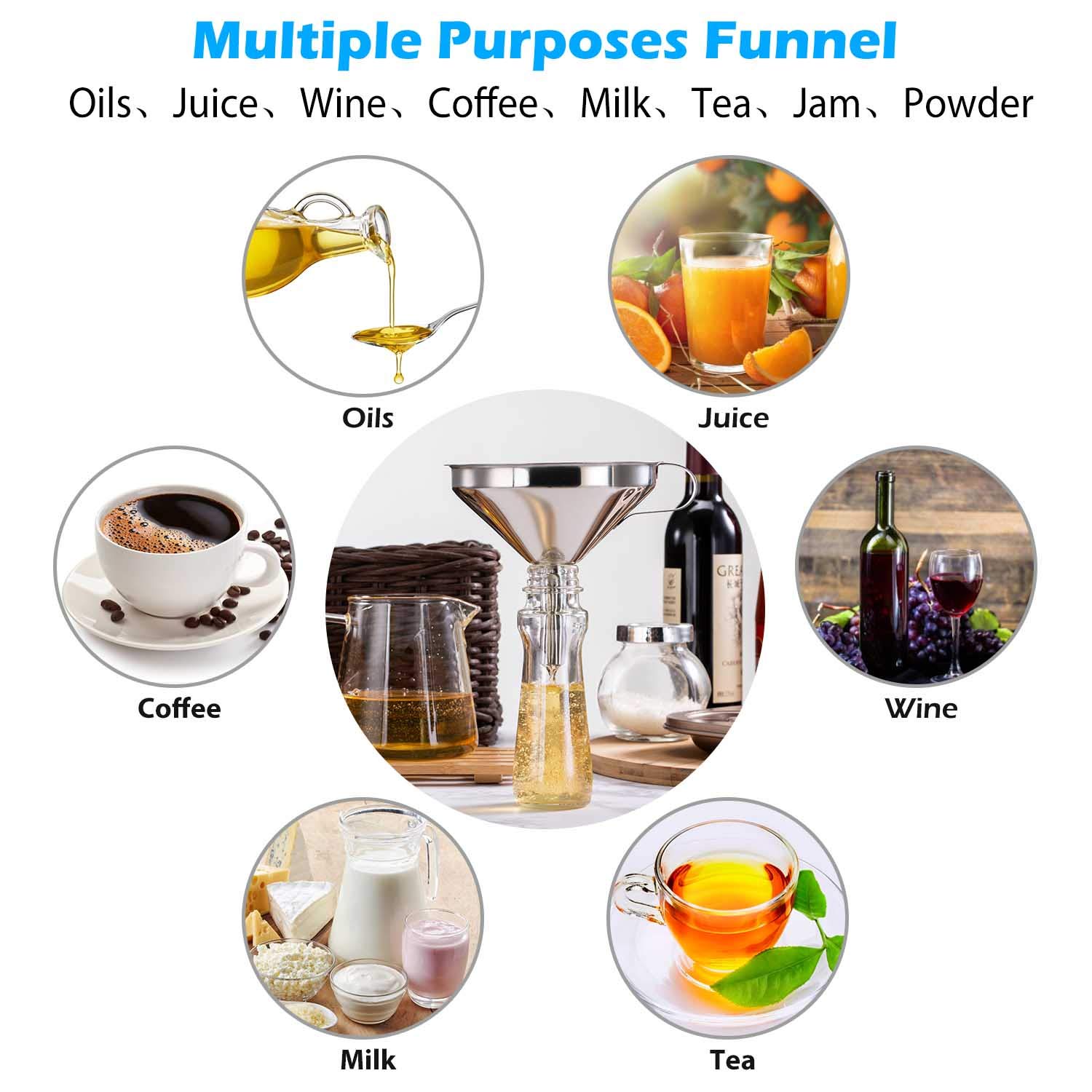 Premium 5 Inch Stainless Steel Kitchen Funnel with 200 Mesh Filter - Food Grade Metal Funnel for Bottles, Oils, Juice, Wine, Coffee & Milk - Ideal for Home Brewing, Canning, Cooking & Bartending