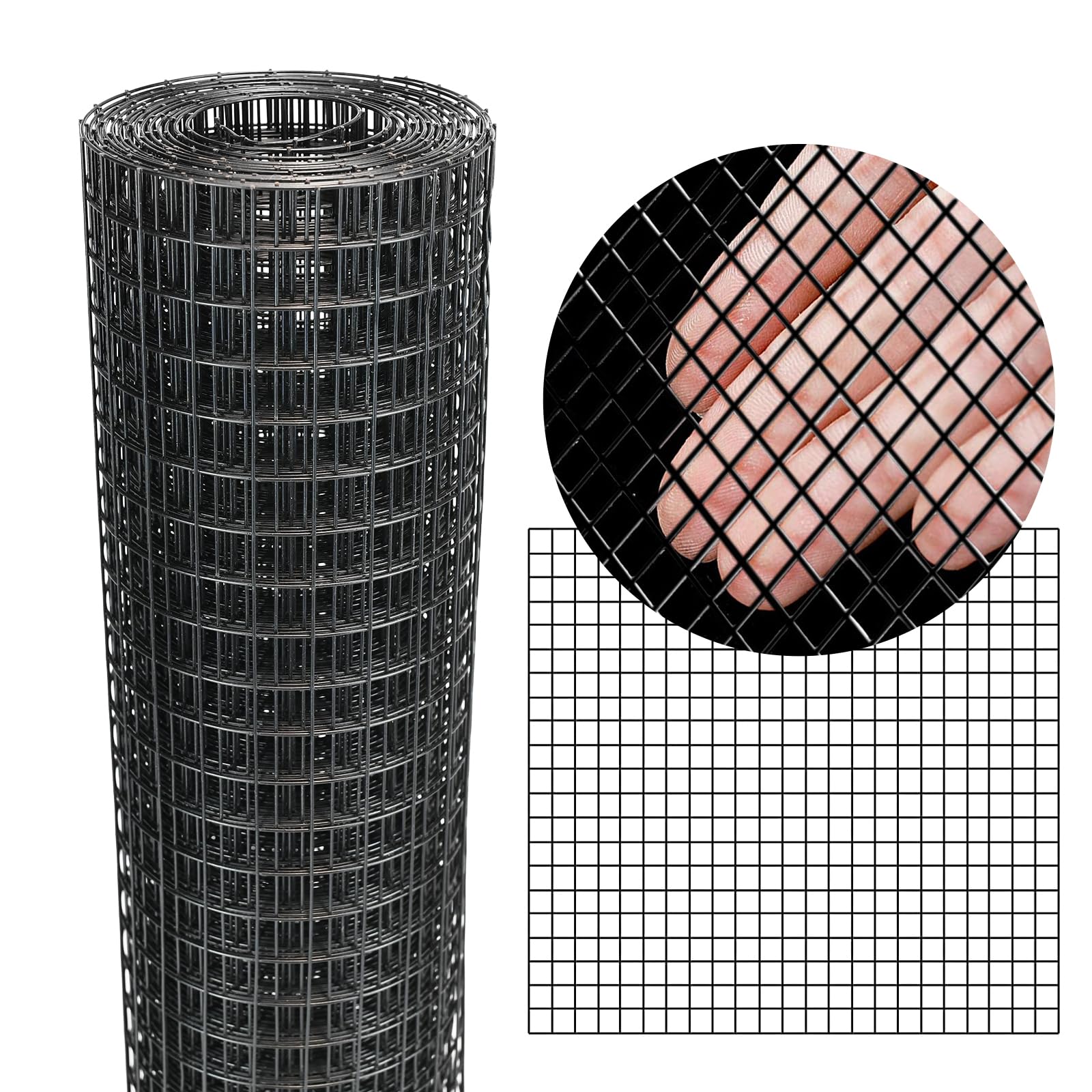 Black PVC Coated Galvanized Steel Wire Mesh Roll - 1/2 Inch 19 Gauge, 8
