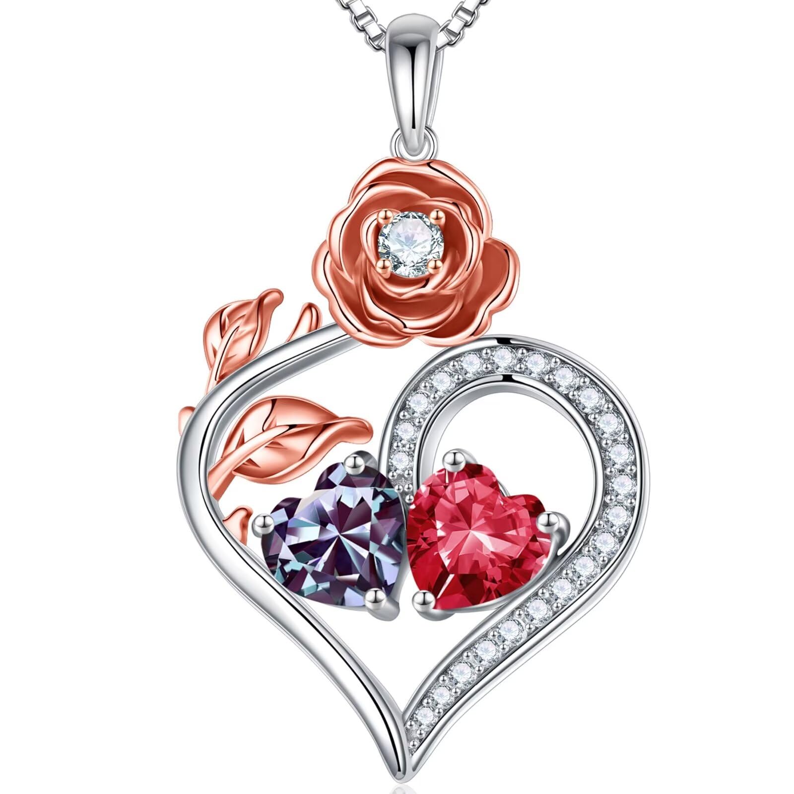 Rose Heart Birthstone Necklace for Women - 925 Sterling Silver Double Birthstone Pendant, Personalized Anniversary & Birthday Gift for Wife, Her, Mom - Perfect for Valentine's Day, Mother's Day & Special Occasions