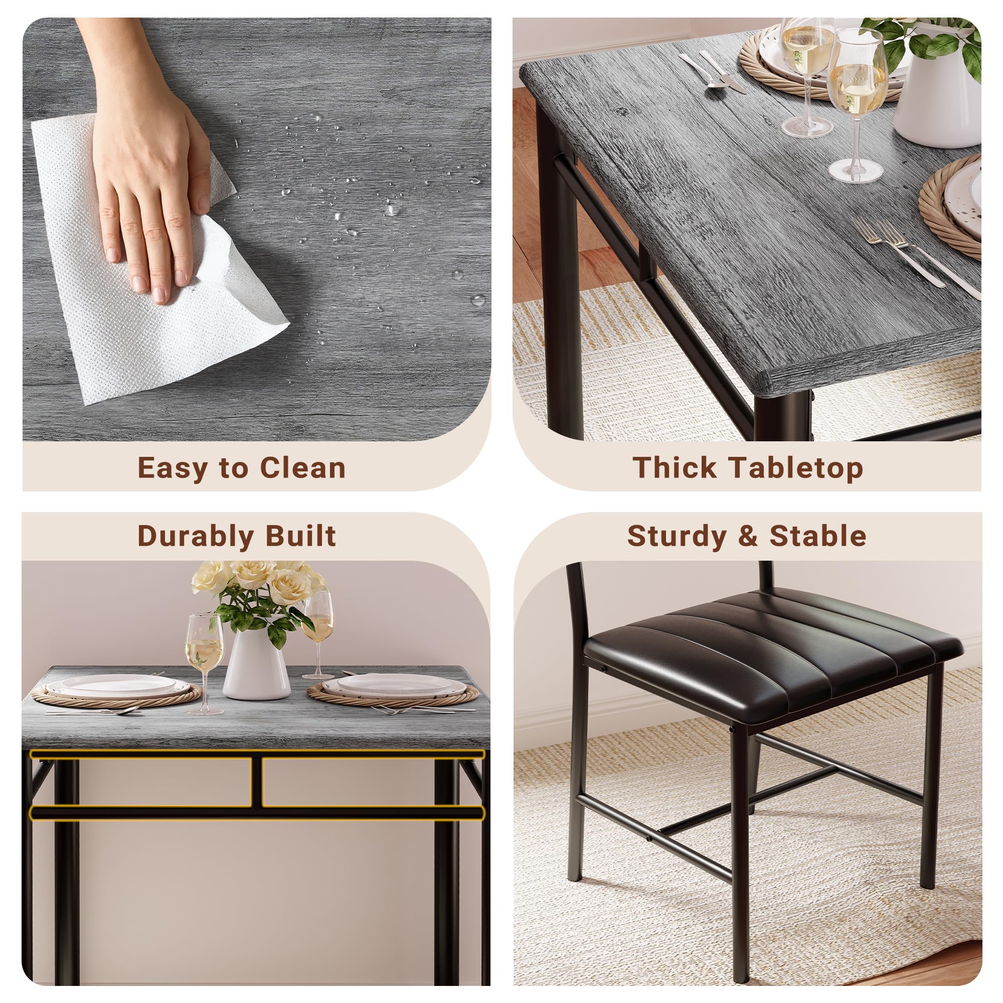 IRONCK 2-Person Dining Table Set with Upholstered Chairs - Compact Kitchen Table for Small Spaces, Gray - Perfect for Apartments, Breakfast Nooks & Cozy Dining Rooms