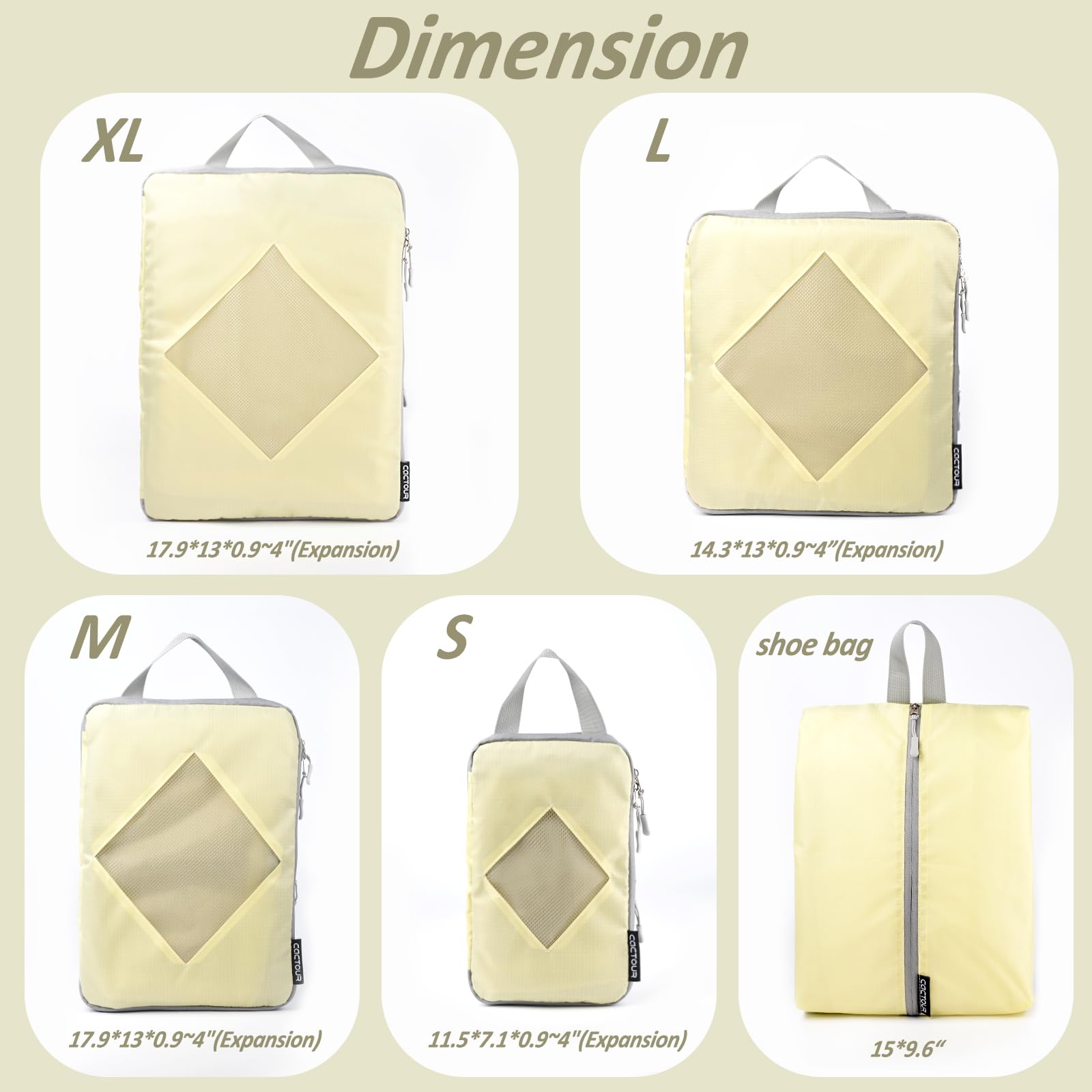 5-Piece Lightweight Compression Packing Cubes Set for Travel - Expandable Luggage Organizers with Compression Zippers, Suitcase Storage Bags (Beige/Yellow) | Perfect for Business Trips, Family Vacations & Weekend Getaways