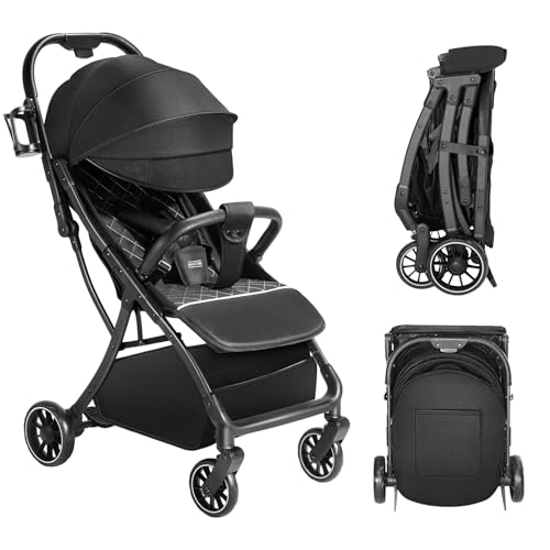 HARPPA Hugglo™ Ultra Compact Lightweight Travel Stroller for Babies & Toddlers - Easy Fold Adjustable Backrest with 5-Point Safety Harness - Perfect for Air Travel, Shopping & Daily Outings (Hugglo Black)