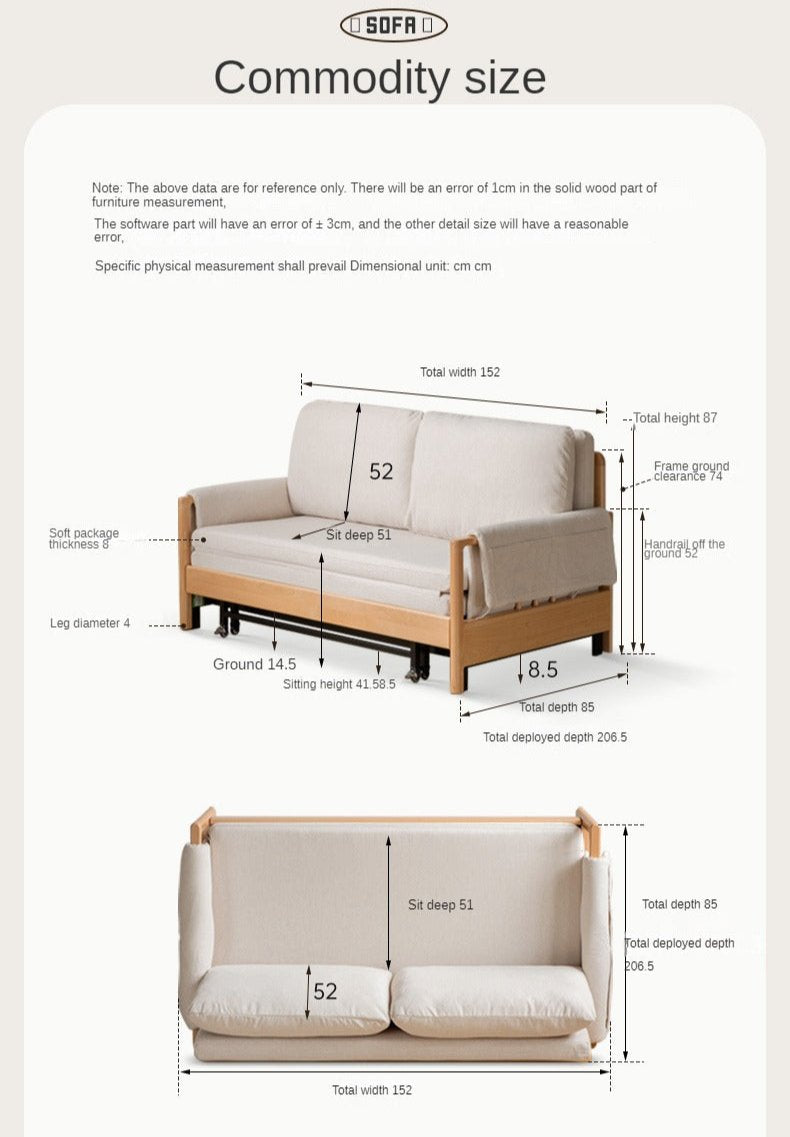 Modern Beech Solid Wood Sofa Bed - Convertible Sleeper for Small Spaces, Guest Room & Studio Apartments
