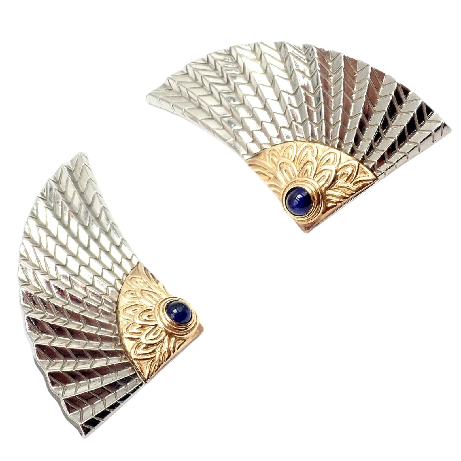 Exquisite Erte CFA 14k Yellow Gold & Silver Nile Large Fan Sapphire Earrings - Vintage Luxury Jewelry for Women - Perfect for Evening Gala, Wedding & Special Occasions