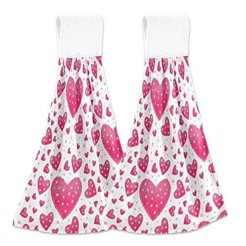 Pink Hearts & Dots Kitchen Oven Towels - 2 Pack Super Absorbent Hanging Hand Towels with Loop for Mothers Day, Valentines Day - Dishcloth, Tea Towel & Bar Mop for Kitchen, Bathroom & Tabletop Cleaning