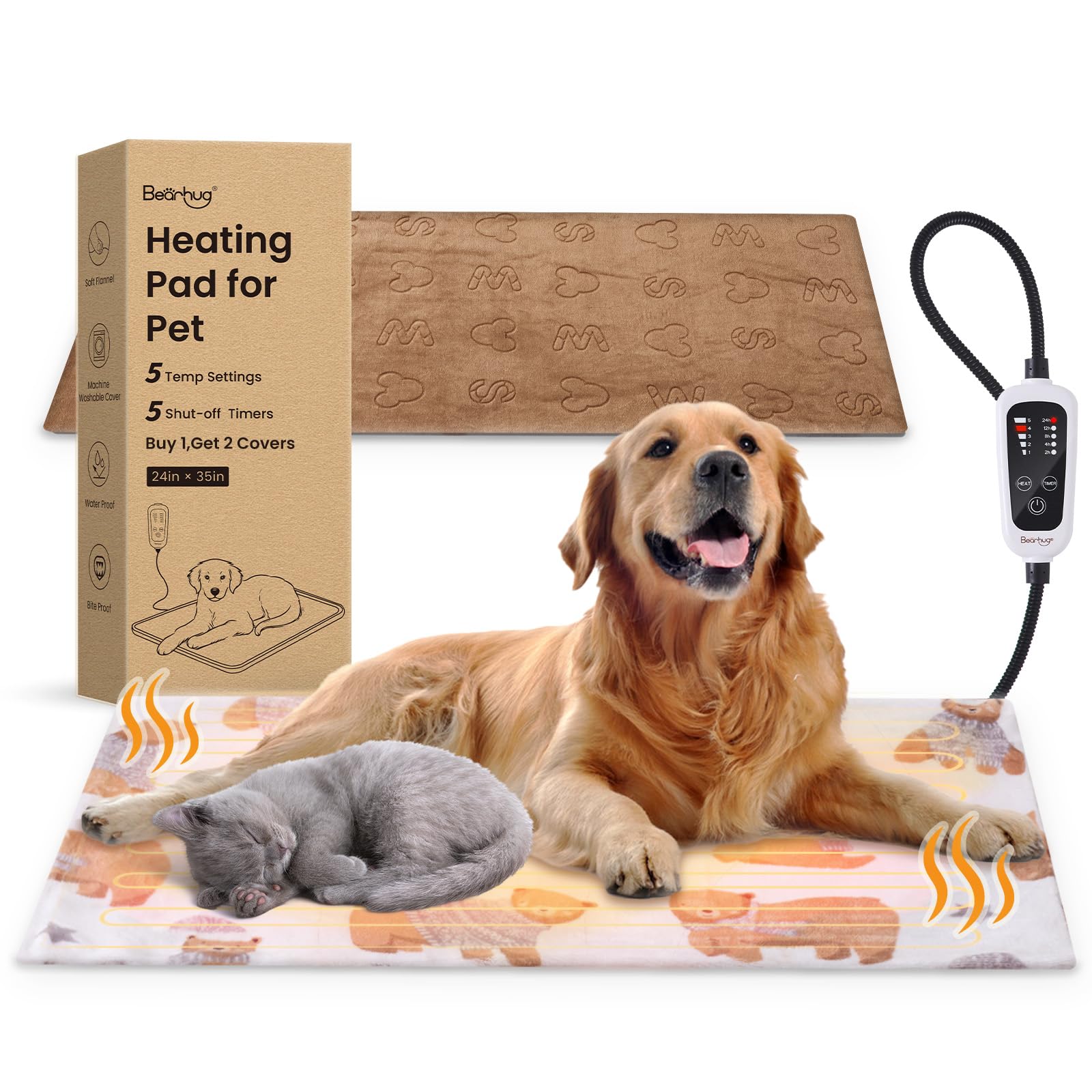 Bearhug Pet Heating Pad 35x24 Inch - Adjustable Temperature Heated Bed for Dogs & Cats with Waterproof Cover - Perfect for Winter Warmth & Arthritis Relief