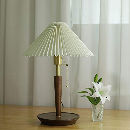 Nordic Brass Bedside Table Lamp - Solid Wood Base, European-Style Retro Design with Japanese Pleated Shade for Bedroom, Living Room, Dining Room & Hallway - Perfect for Cozy Nights and Elegant Home Decor