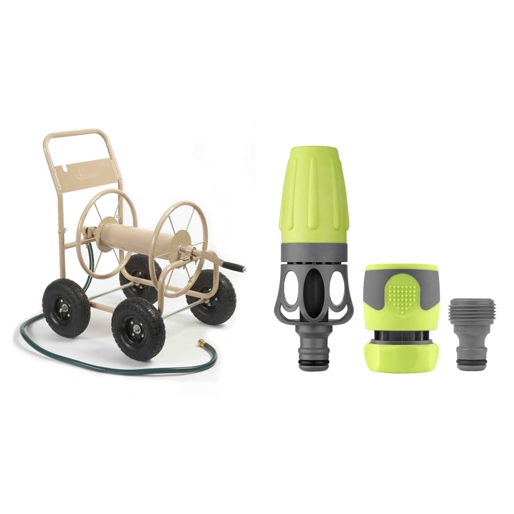 Liberty Garden 870-M1-2 Heavy Duty 4-Wheel Garden Hose Reel Cart with 300-Feet Capacity for 5/8-Inch Hose - Tan | Flexzilla 3-Piece Garden Hose Nozzle Kit (HFZGAK01) - Perfect for Lawn Care, Gardening & Outdoor Watering