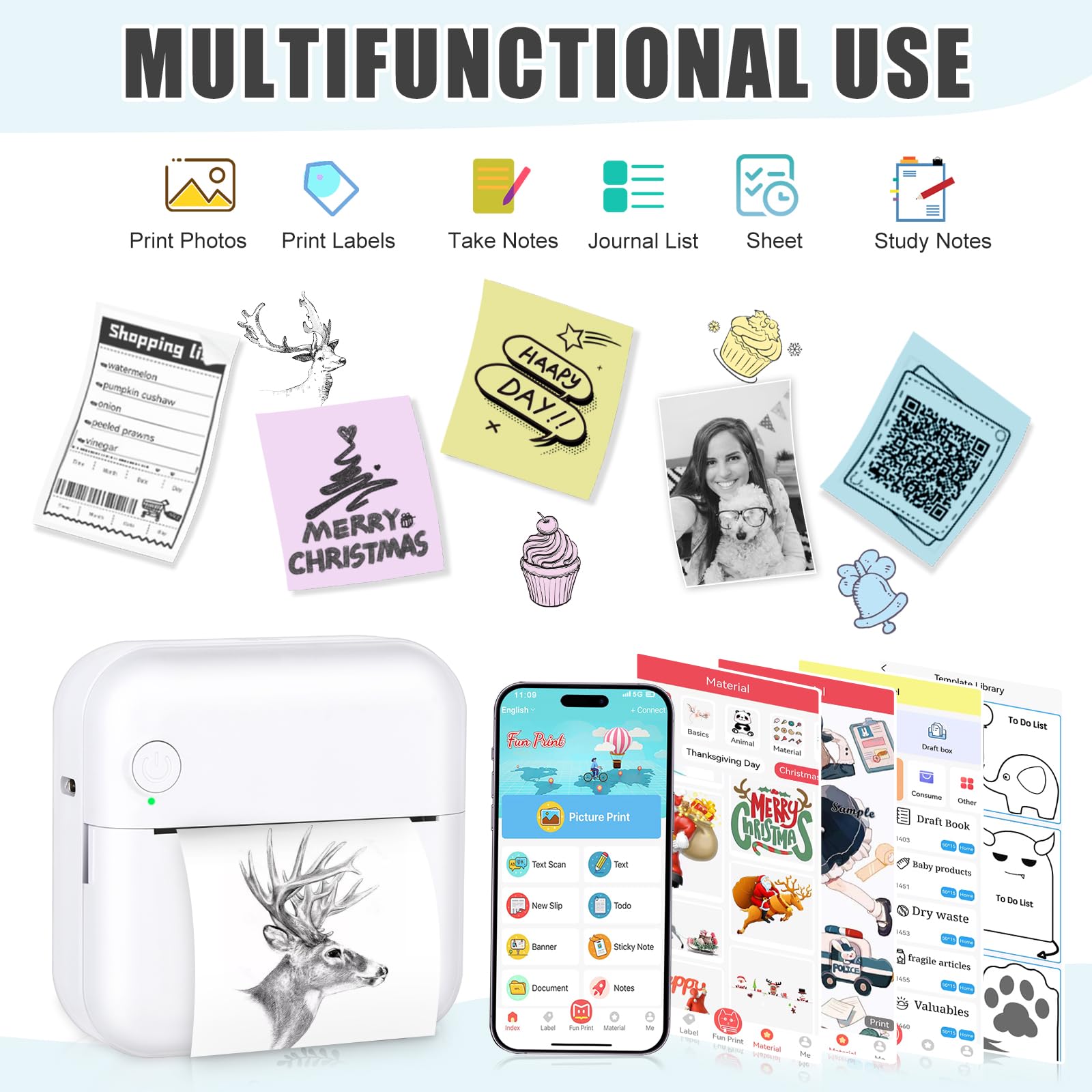 Mini Bluetooth Thermal Sticker Printer with 10 Rolls Paper - Portable Label Maker for Photos, Receipts, Notes & Lists - Perfect Gift for Kids & Students - Compatible with iOS & Android - Great for Home, Office & School Projects