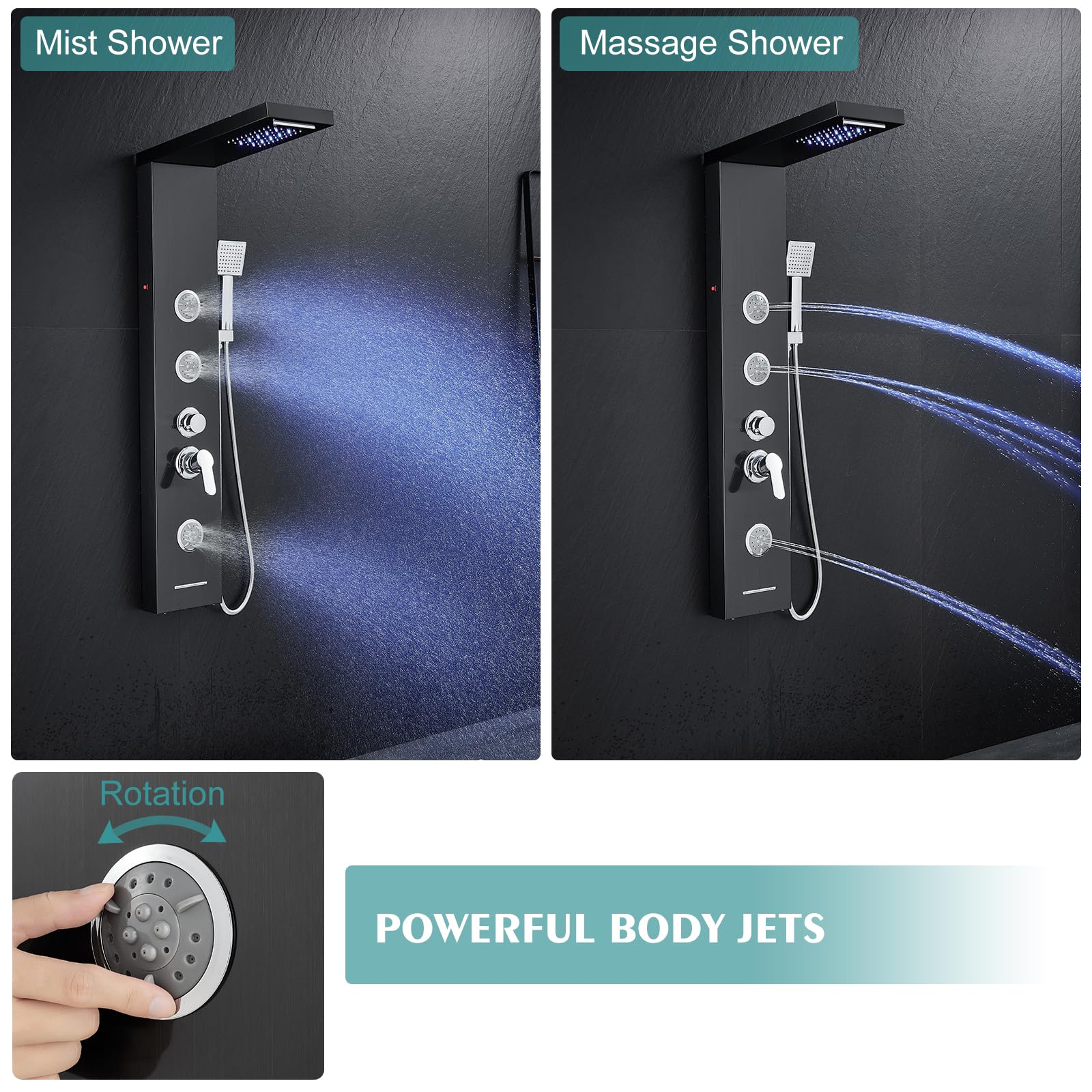 6-in-1 LED Shower Panel Tower System with Rainfall Shower Head, Body Jets & Handheld - Stainless Steel Black Shower Column for Luxury Bathroom Upgrade | Perfect for Modern Homes, Spa Experience & Relaxing Showers
