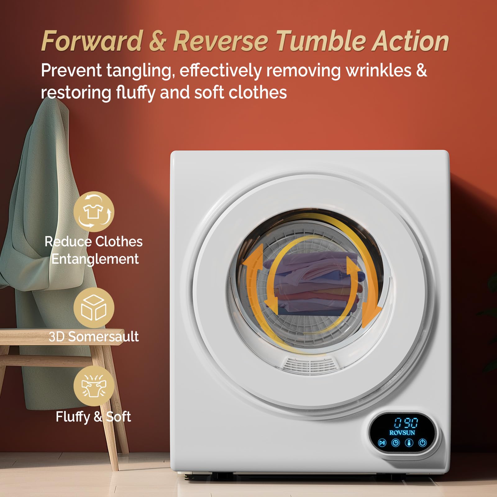 ROVSUN 1.5 cu.ft Portable Electric Clothes Dryer - 110V 850W Front Load Tumble Dryer with Stainless Steel Tub & LCD Touch Panel - Compact Laundry Solution for Apartments, Dorms, RVs & Small Spaces