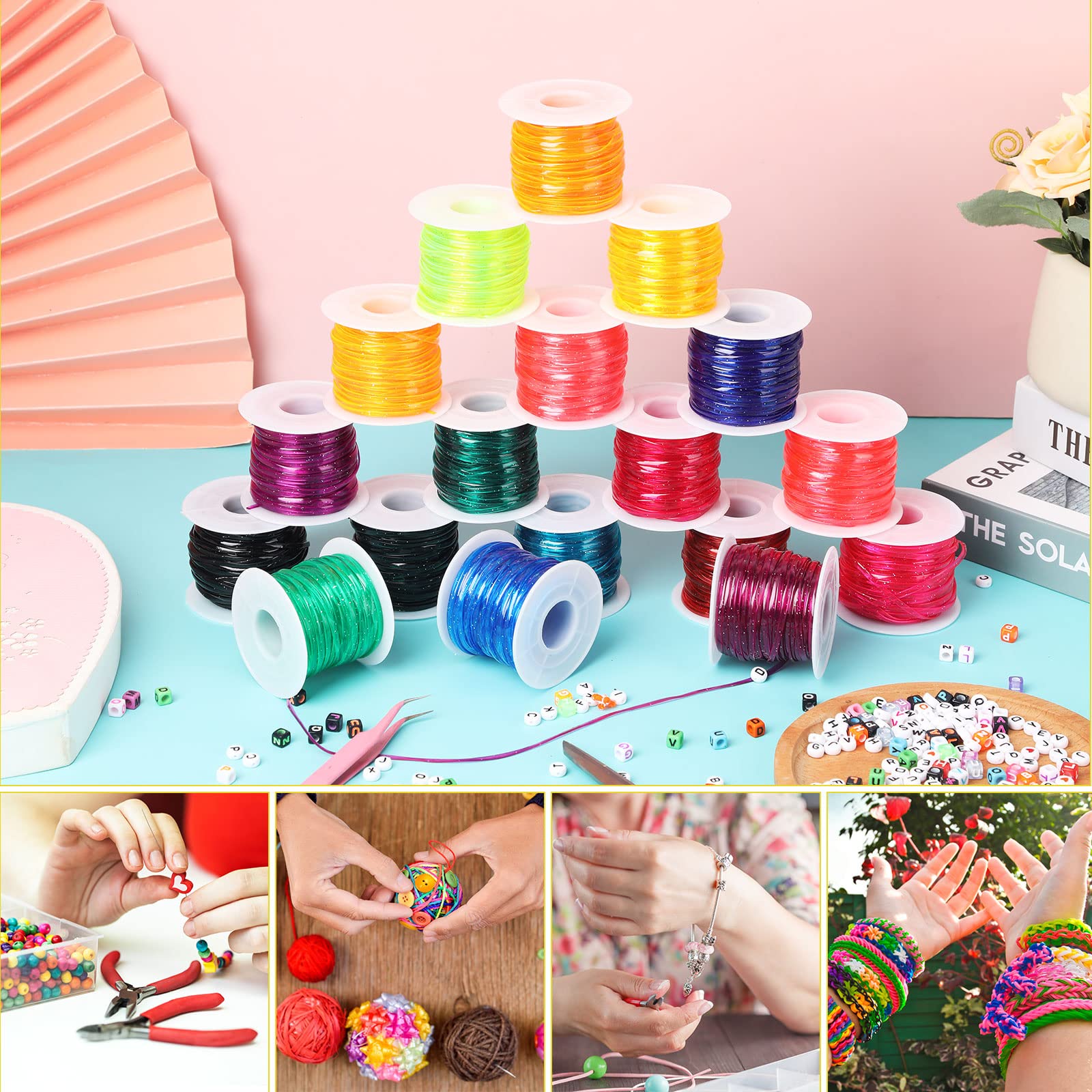 **Janinka 24 Rolls Gimp String Plastic Lacing Cord Kit – Glitter Bracelet Making Supplies with Lobster Clasps, Key Rings & Lanyard Hooks for DIY Jewelry, Keychains & Craft Projects**    *(Perfect for DIY Bracelets, Keychains, Lanyards, and Decorative Crafts – Great for Kids, Teens & Craft Enthusiasts!)*