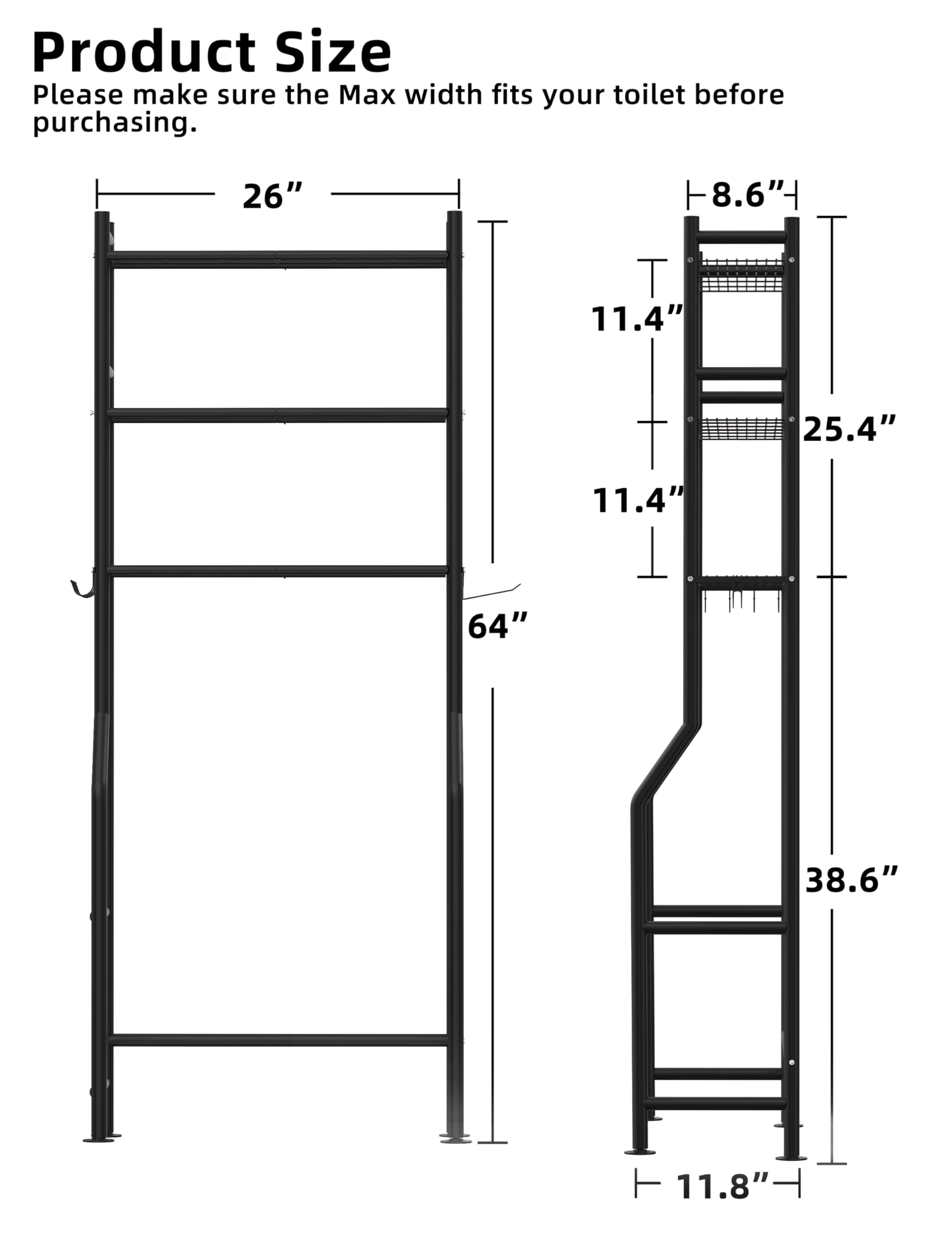 3-Tier Over The Toilet Storage Shelf - Freestanding Metal Bathroom Organizer with 4 Hooks & Paper Holder, Space-Saving Above Toilet Shelf for Towels, Toiletries & Bathroom Essentials - Perfect for Small Bathrooms & Apartments (Black)