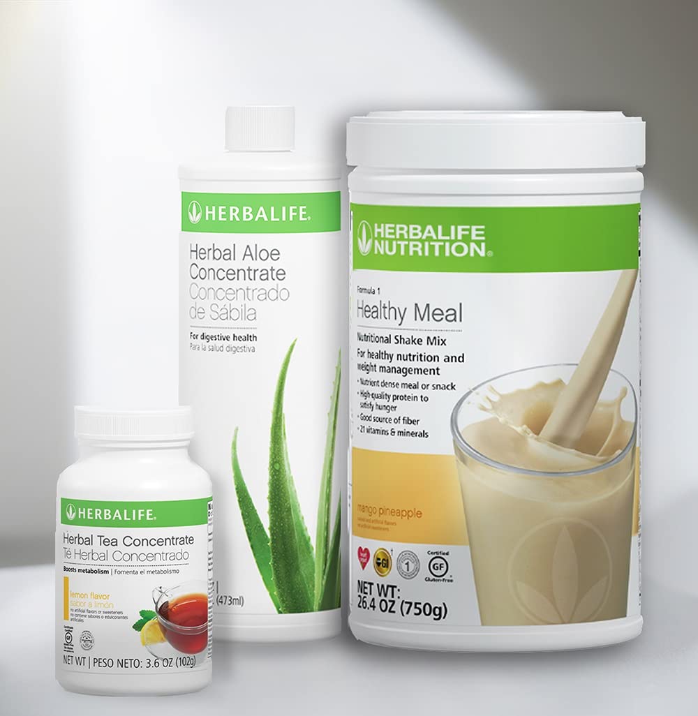 HERBALIFE Trio Combo: Formula 1 Nutritional Shake Mix (Mango Pineapple 750g), Herbal Aloe Concentrate (Original 473ml) & Herbal Tea Concentrate (Lemon 102g) - Healthy Meal Replacement & Wellness Boost for Weight Management, Energy & Digestion Support