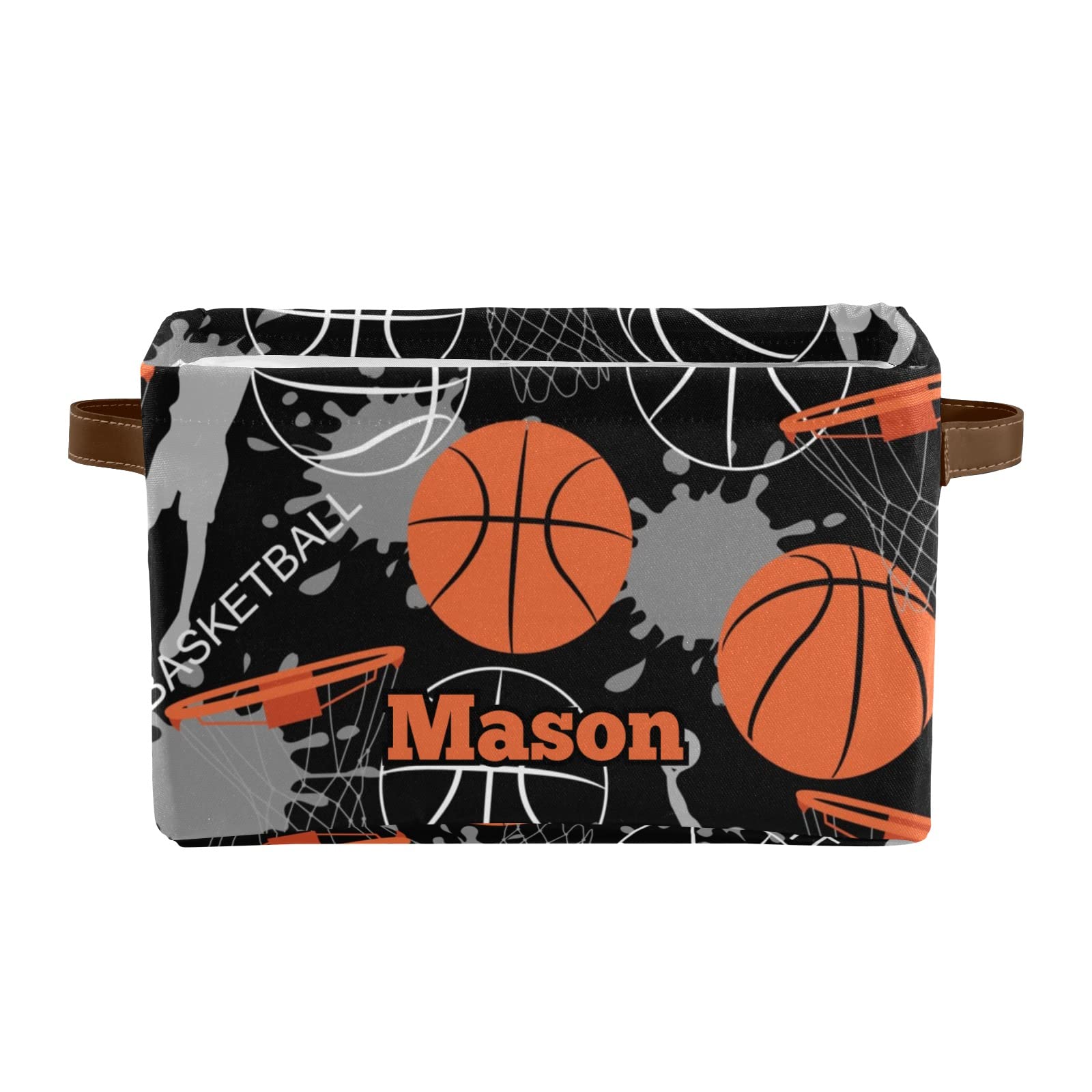 Personalized Large Storage Baskets with Handle - 2 Pack Black Basketball Design Organizing Bins for Shelves, Closet, Bathroom & Nursery - Perfect for Home Organization & Decorative Storage