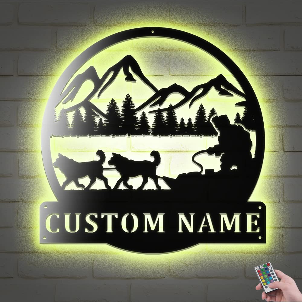 Custom LED Light Up Sled Dog Racing Metal Wall Art - Personalized Dog Name Sign - 18x18 Inch Dogsled Home Decor for Living Room, Bedroom, Office - Unique Gift for Dog Lovers & Winter Sports Enthusiasts