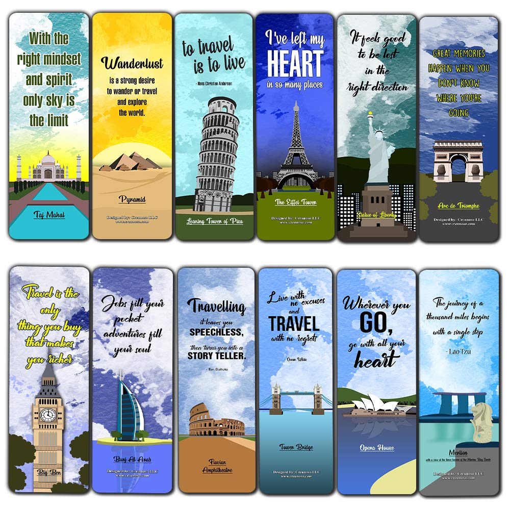 Creanoso Premium Travel-Themed Bookmarks (30-Pack) - Bulk Assorted Designs for Book Lovers & Travel Enthusiasts - Perfect Reading Accessories for Vacation, Airplane Trips & Book Club Gifts