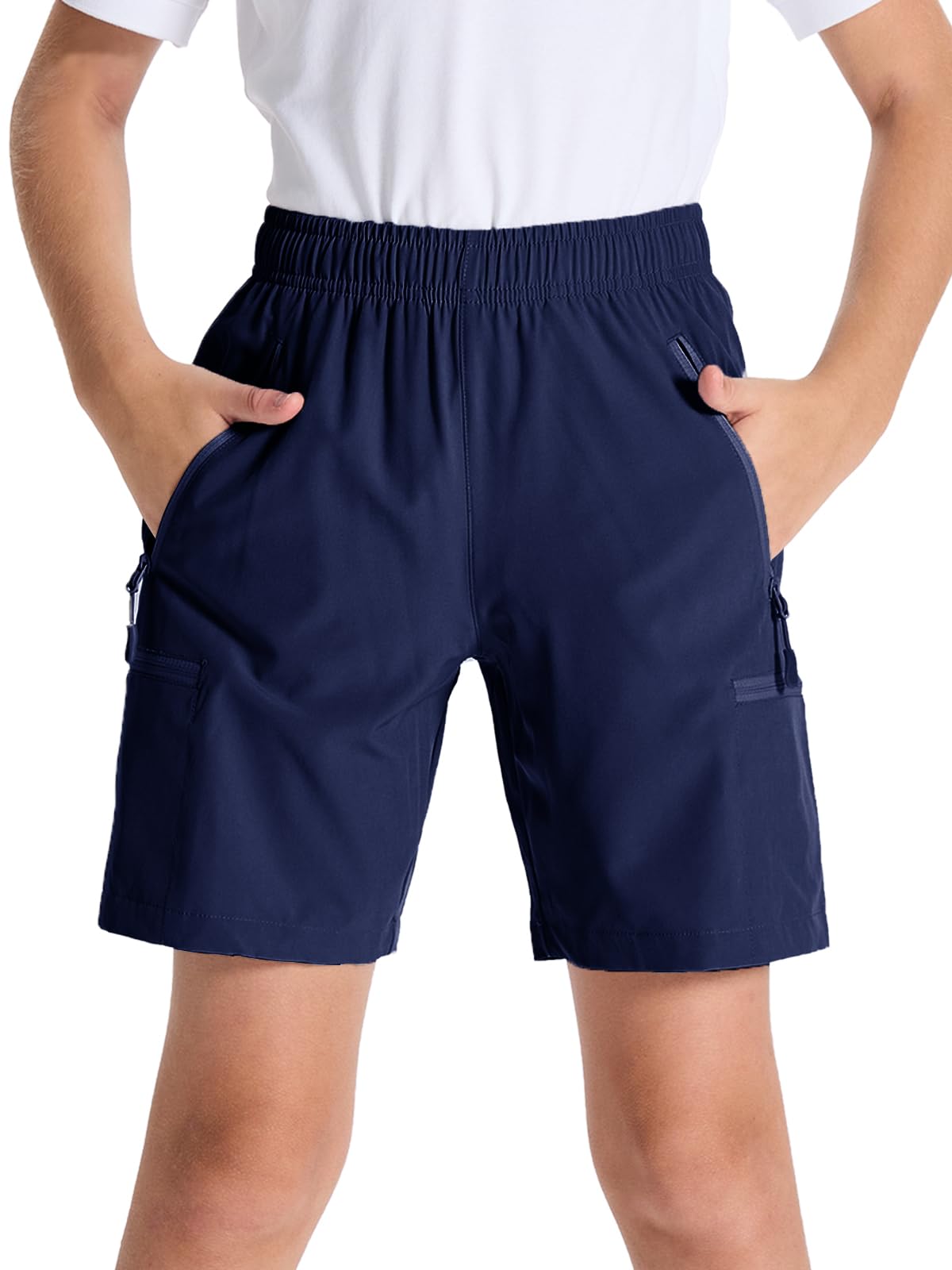 DEVOROPA Youth Boys Hiking Cargo Shorts - Lightweight Quick-Dry Athletic Running Shorts with Water-Resistant Zip Pockets for Outdoor Workouts, Camping & Summer Activities