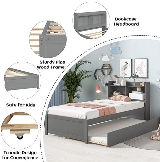 Harper & Bright Designs Twin Bed with Trundle - Solid Wood Platform Bed Frame with Bookcase Headboard for Teens, No Box Spring Needed - Perfect for Small Bedrooms, Guest Rooms & Kids' Rooms (Grey)