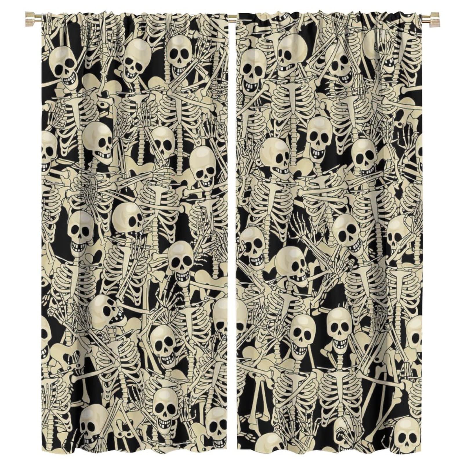 Skull Sketch Halloween Window Curtains - Blackout Rod Pocket Drapes for Bedroom, Living Room, Kitchen (42x45 Inches) | Gothic Decor, Horror Theme Room Darkening