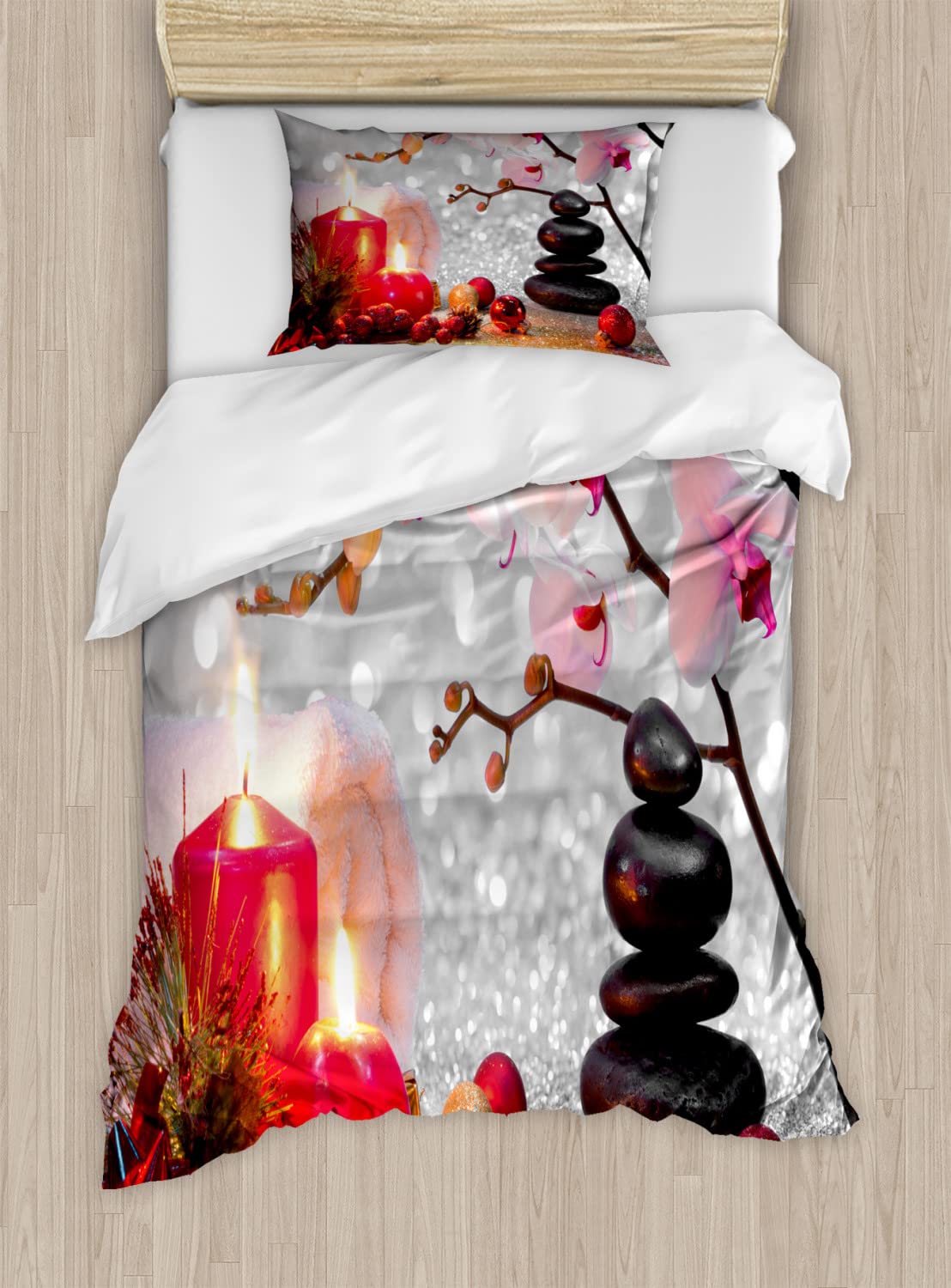 Ambesonne Winter Christmas Themed Spa Duvet Cover Set - Pink Orchid Stone & Red Candles Design, 2-Pack Twin Size Bedding Set with 2 Duvet Covers & 2 Pillowcases (White, Black, Pink) - Perfect for Holiday Decor, Guest Rooms & Cozy Winter Bedrooms