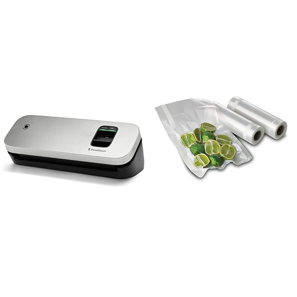 FoodSaver 31161366 Compact Vacuum Sealer Machine for Food Preservation (5.7 x 12.2 x 4.3 Inches, Silver) with FSFSBF0526-P00 8-Inch Vacuum Sealer Bags 2-Pack (20 Feet) - Perfect for Meal Prep, Sous Vide & Freezer Storage